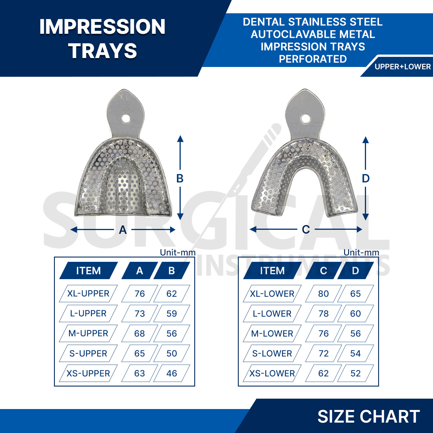 Dental Metal Impression Trays Solid & Perfo Stainless Steel Upper + Lower Choose