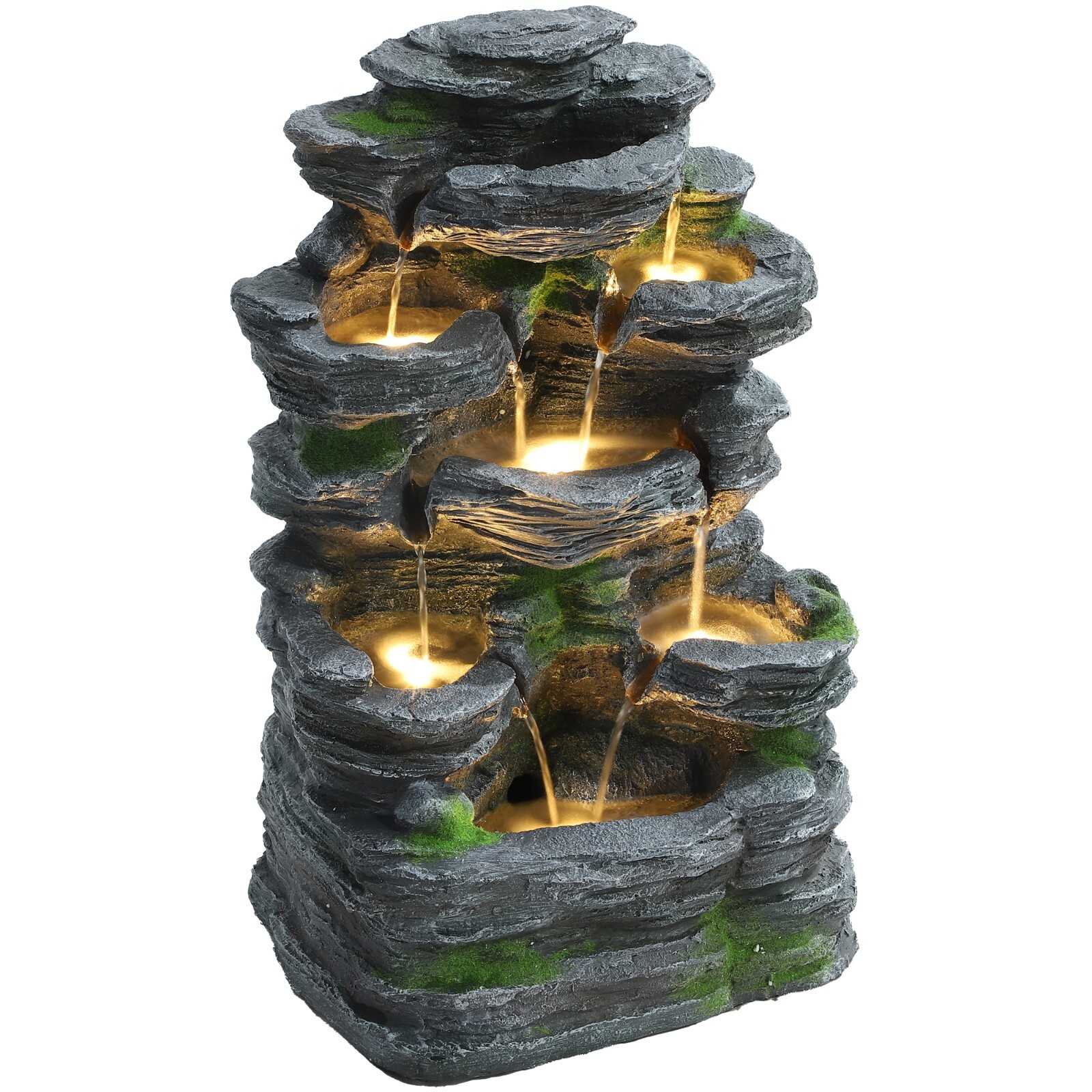 7Tier Cascading Rock Water Fountain  24" H Outdoor Fountain w/LED Light and Pump