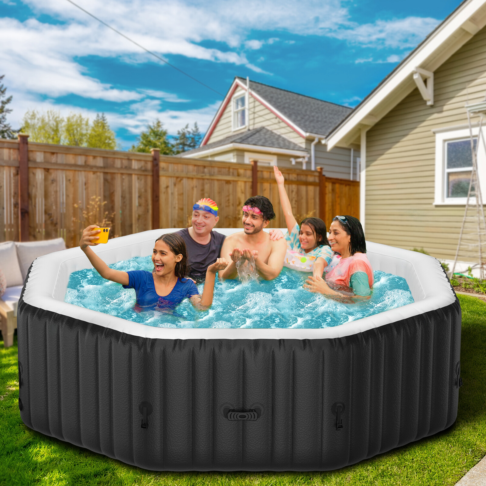 SLSY Octagon 6 Person Inflatable Hot Tub Spa with 130AirJets and Insulated Cover