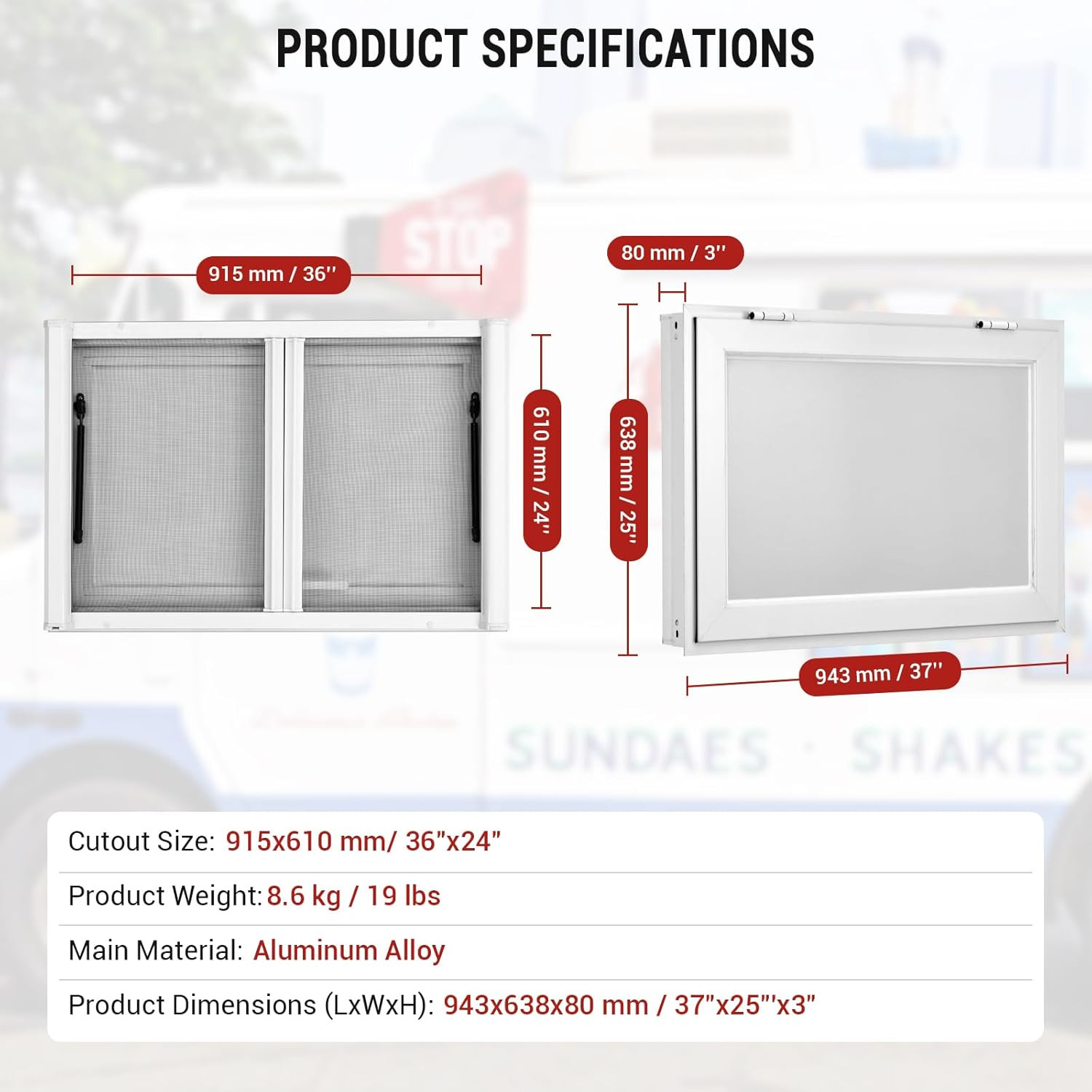 36"L x 24"W Concession Stand Serving Window with Awning Door & Sliding Windows
