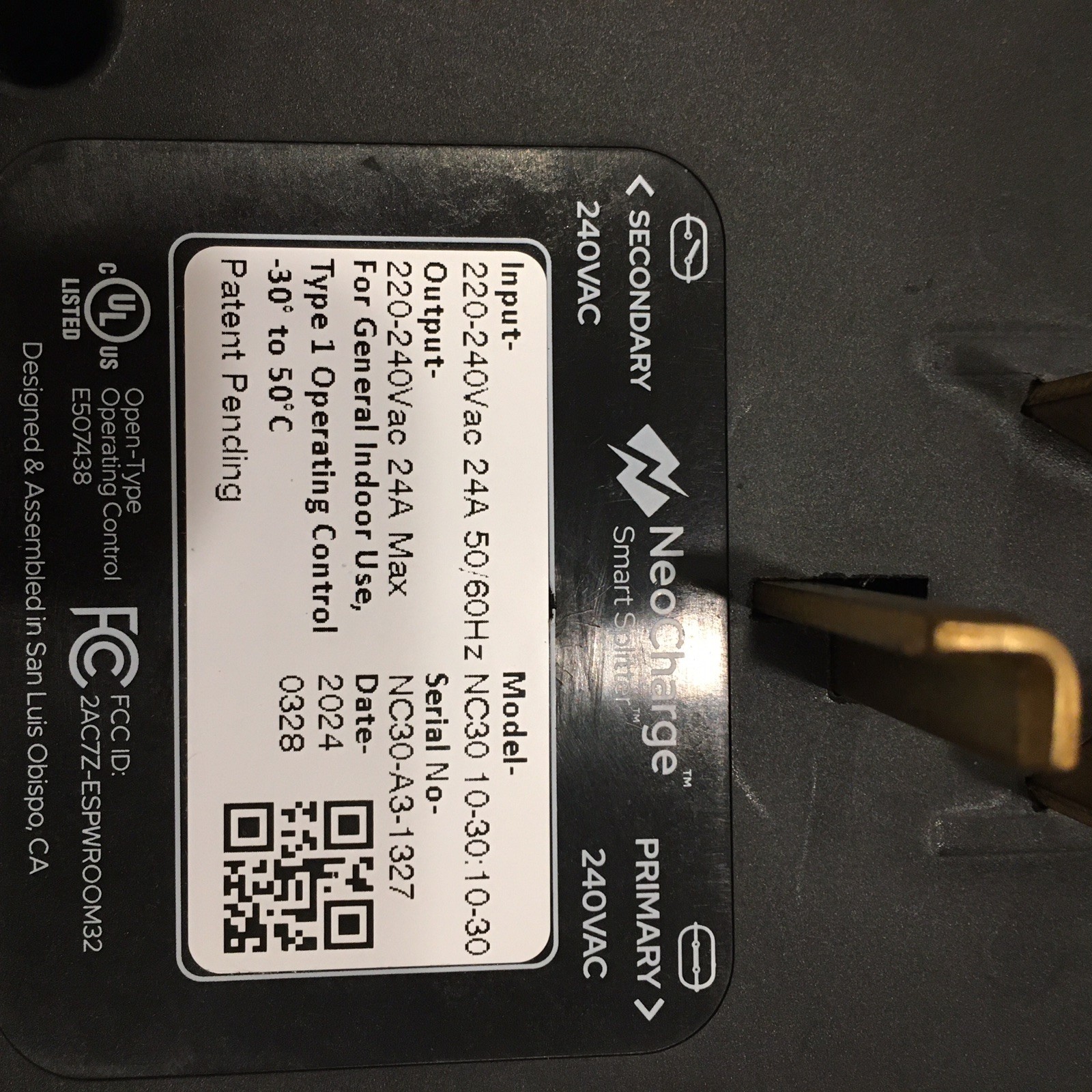 NeoCharge Smart Splitter Nema 10-30 EV Level 2 Charger Adapter Dryer Plug NC30