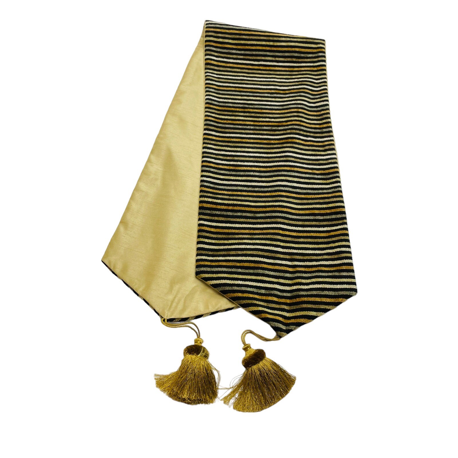 Reversible Silk Shantung Table Runner Velour Stripe 11x58 Gold Beige Black Fall