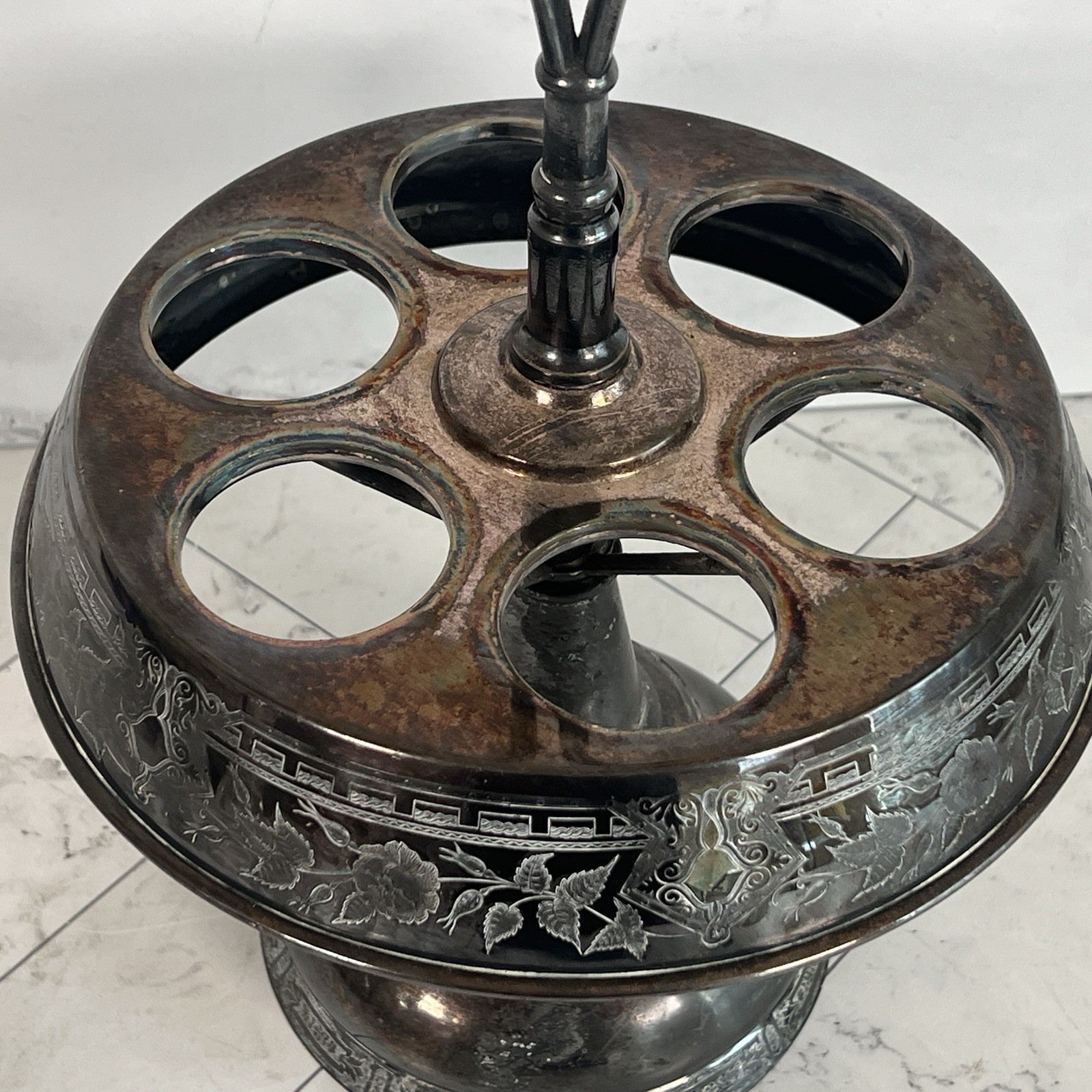 Antique 1800's Wilcox Silver Plate Cruet Condiment Set #0578 6 Etched Bottles