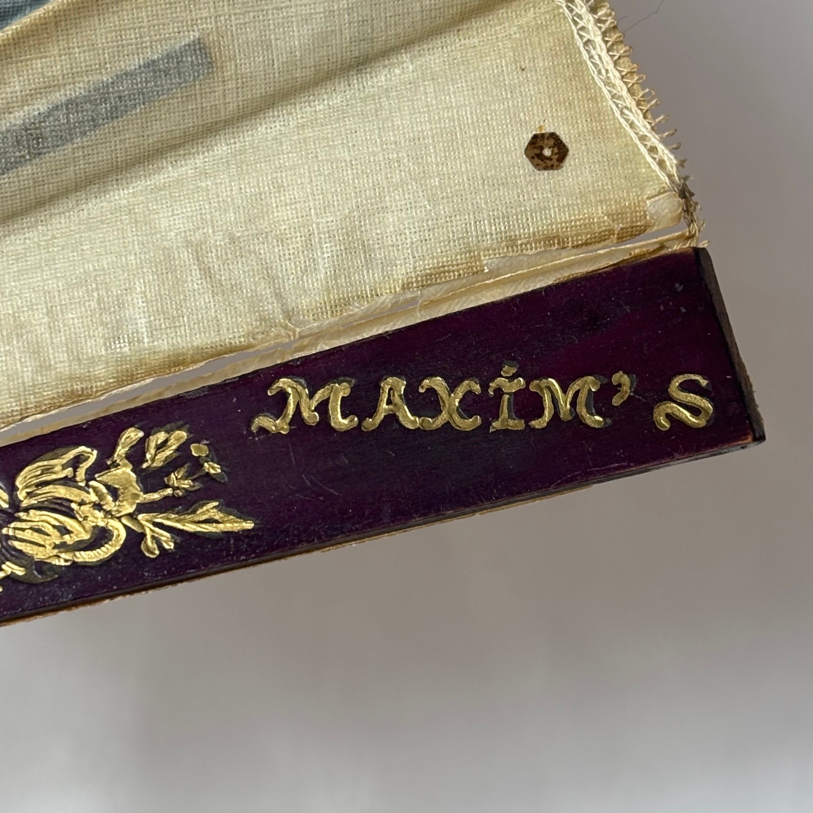 Maxim's France vintage linen folding fan purple pansy sequins