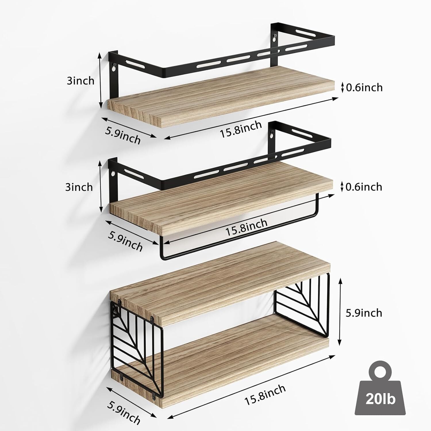 3+1 Floating Bathroom Shelves – Over Toilet Wall Mount w/ Towel Bar, Rustic
