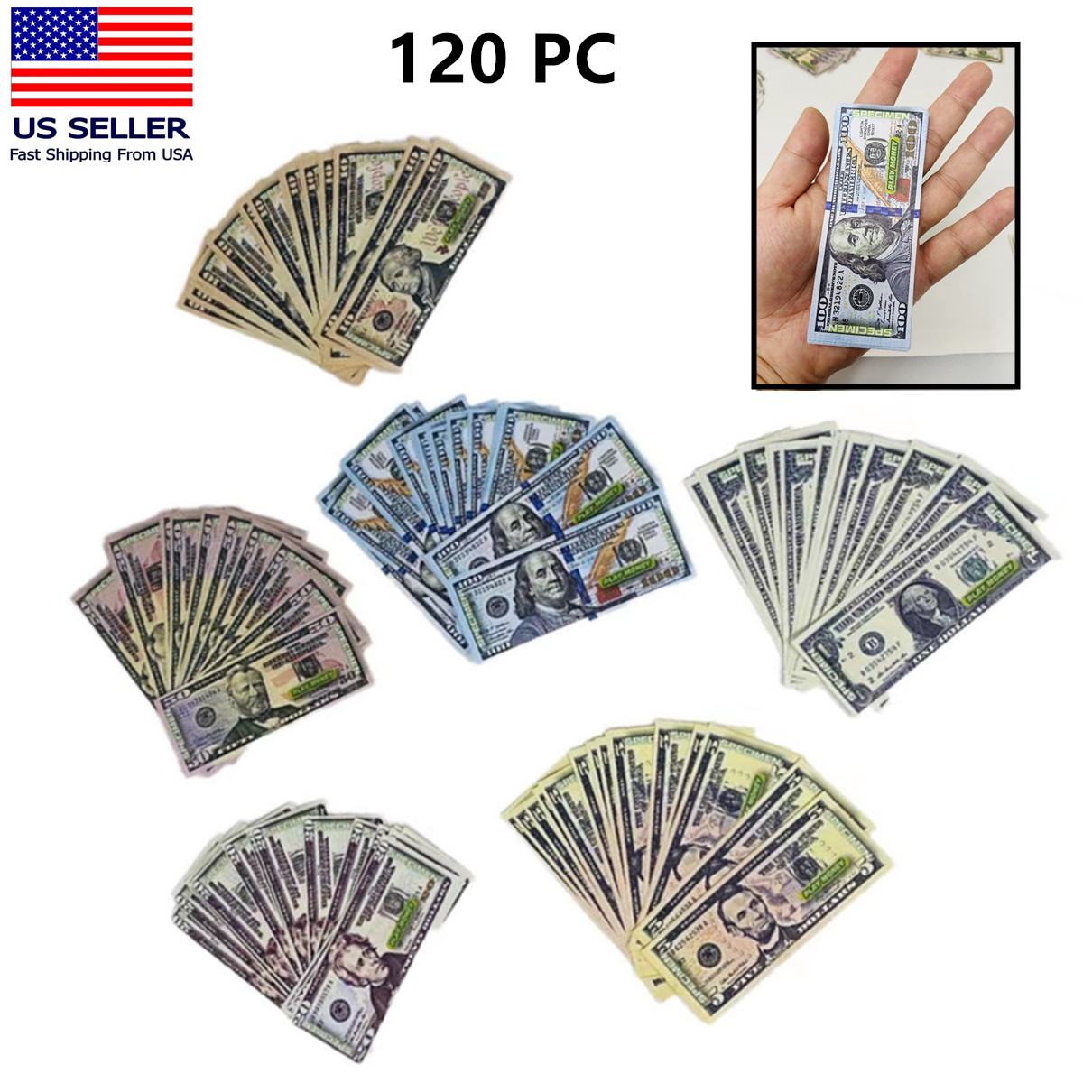 120 PC Educational Play Money Set, Print 1 Side - Bills of 1, 5, 10, 20, 50, 100
