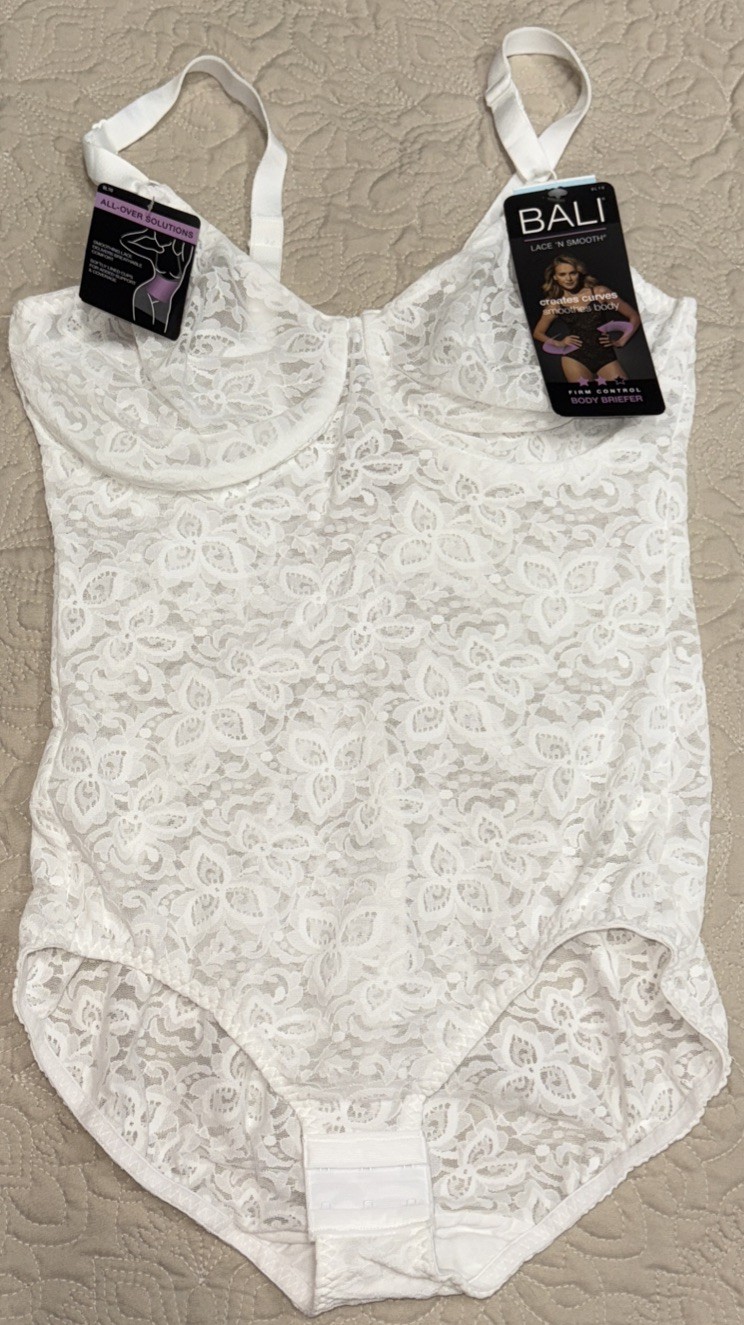 NWT Womens White Lace Bali Body Briefer One Piece Bra Bodysuit Size 38DD