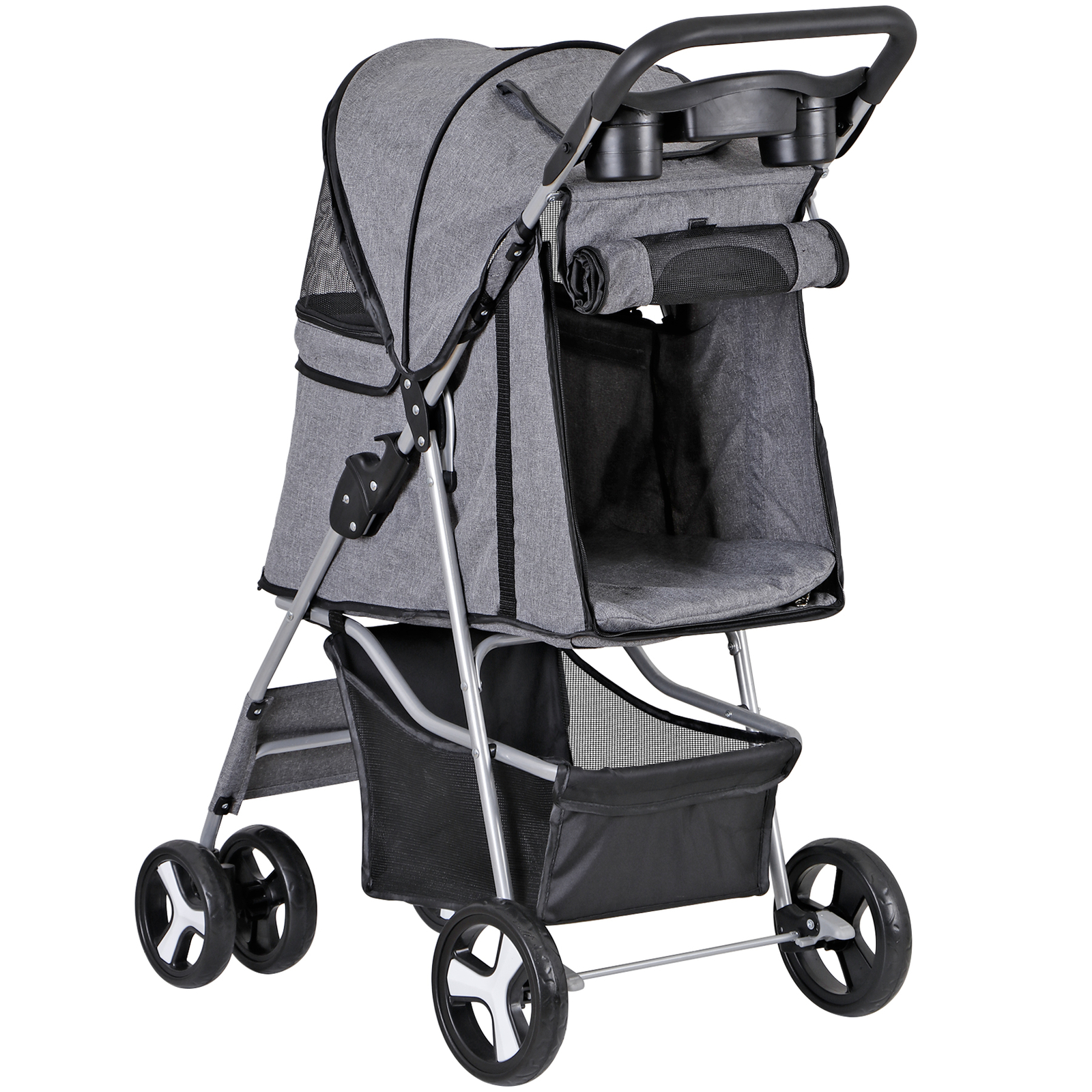 4-Wheels Pet Stroller Dog Stroller Foldable Cat Carrier Jogger w/Cup Holder Gray