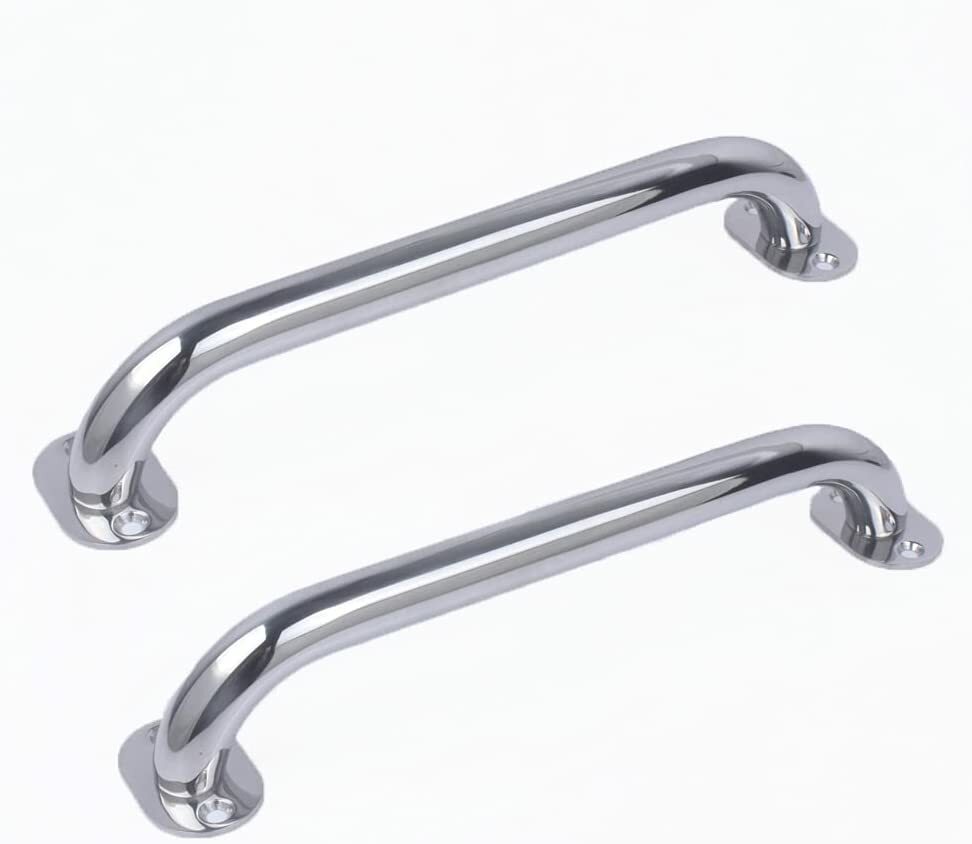 Pair Marine Boat Grab Handle Hand Rail with Flange & Stud - 12" Long Stainless