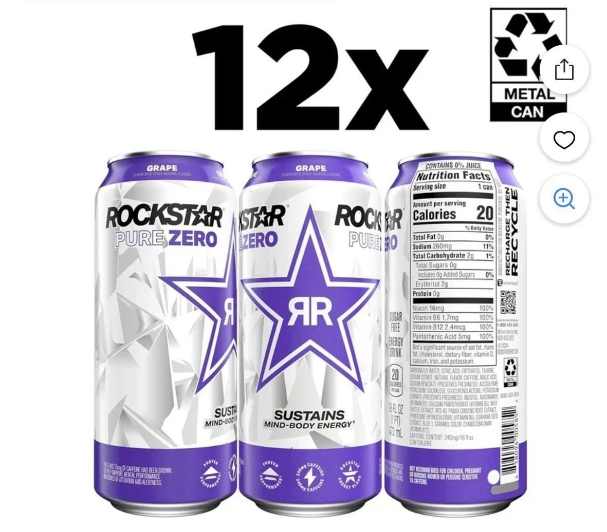 Rockstar Pure Zero Grape Energy Drink 12 Pack 16oz Sugar Free 240mg Caffeine