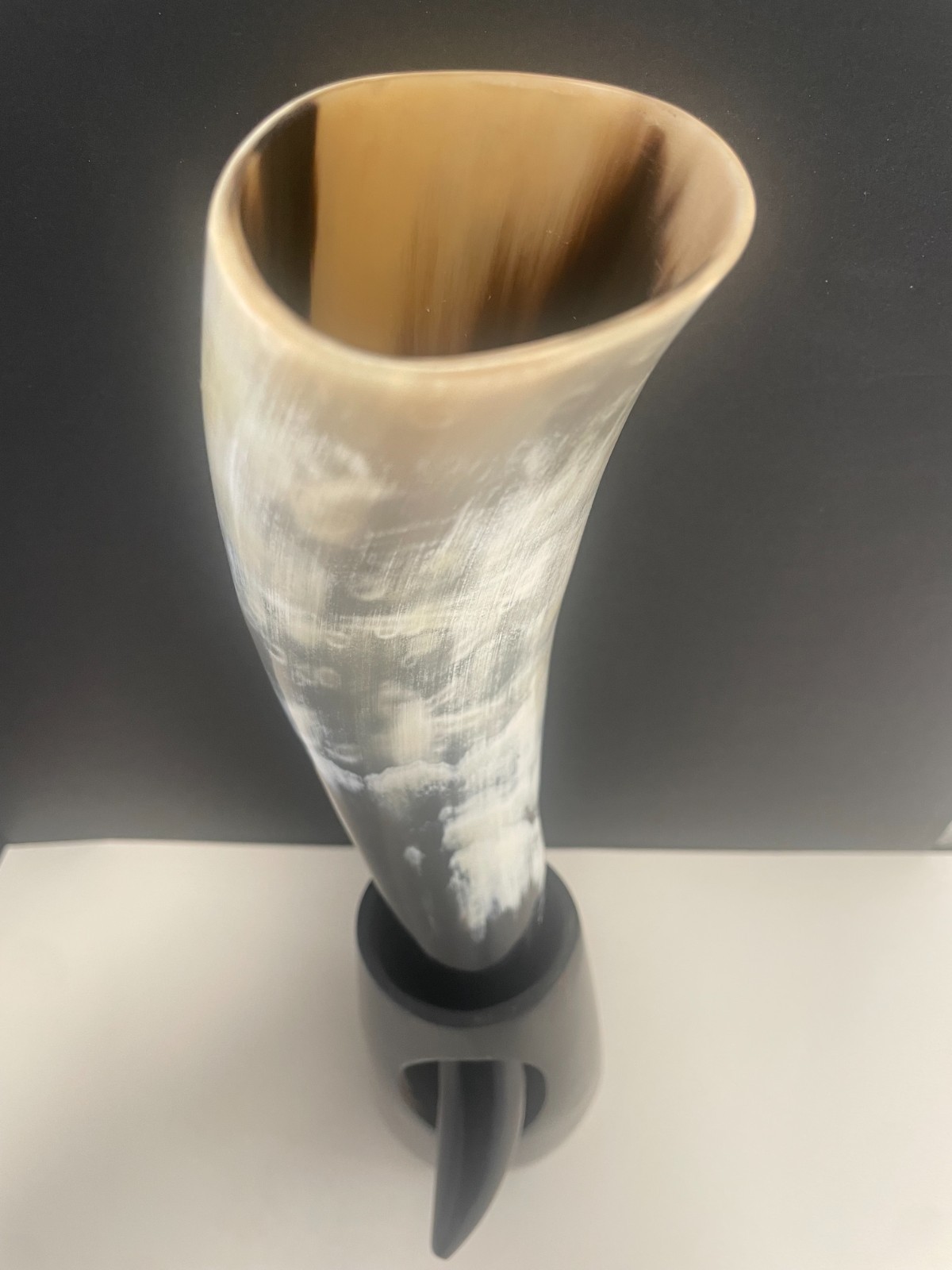 Large Polished Viking Drinking Horn & Matching Horn Stand - Natural Mead Vessel