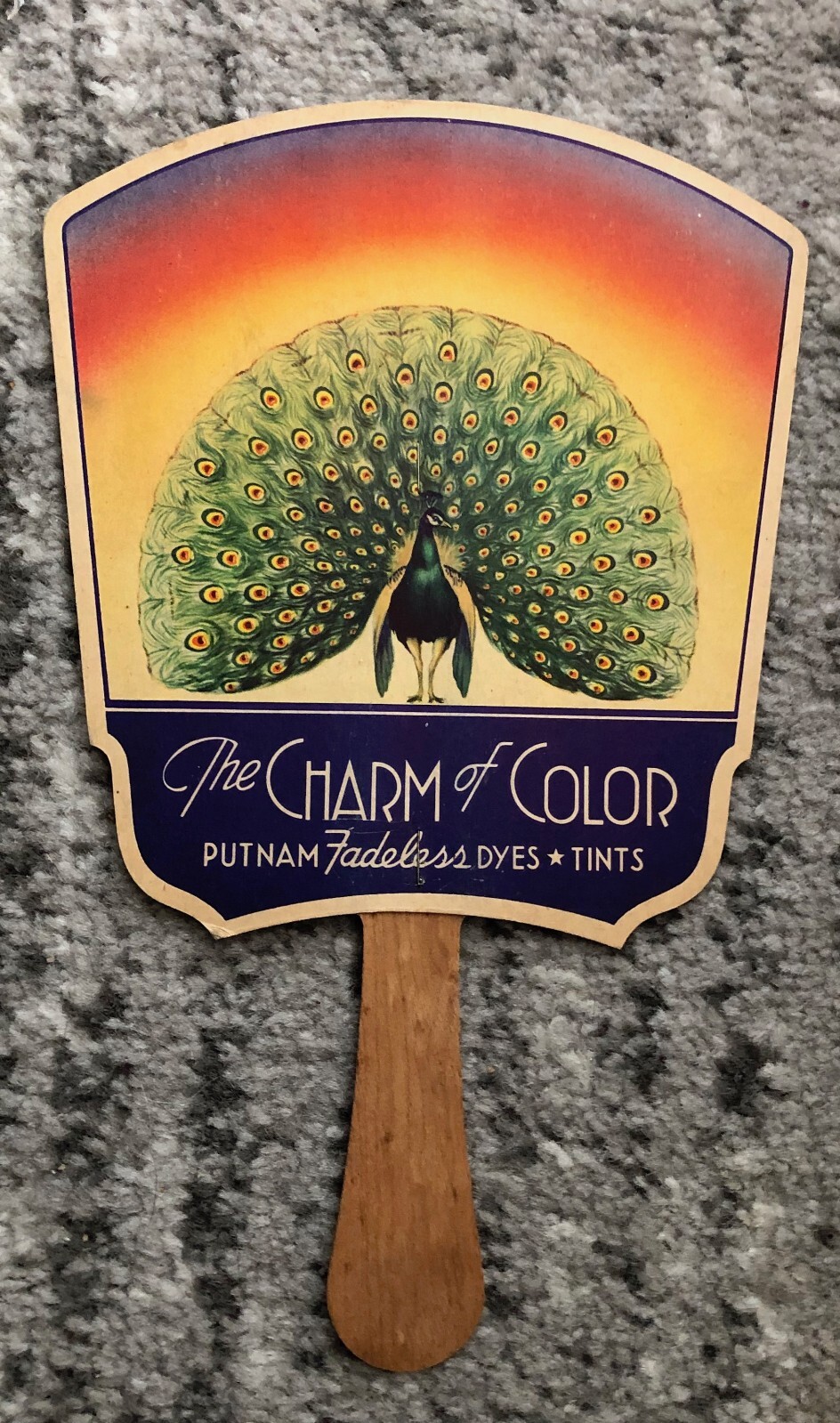 Advertising Hand Fan Putnam Dyes & Tints Peacock Promo 1930s Drugstore Rainbow