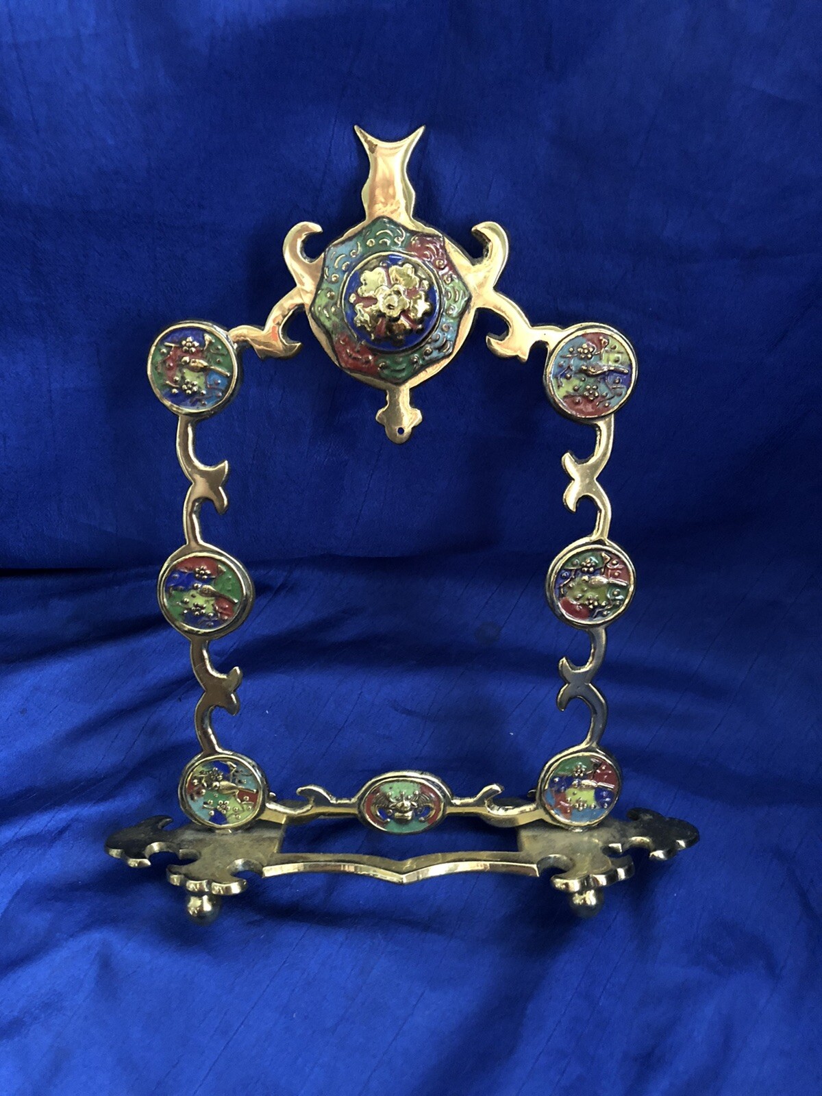 Vintage Antique Chinese Cloisonné Brass Gong Temple Bell Frame (No Bell) Symbols