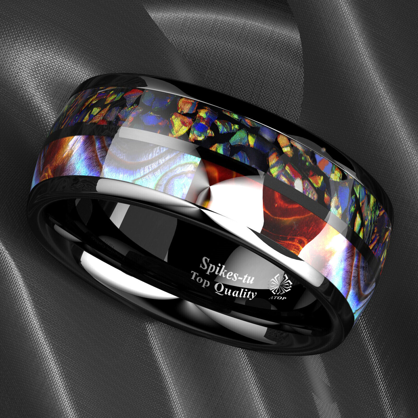 8/6mm Black Tungsten Ring Hawaiian Opal and Abalone Inlay Men ATOP Wedding Band