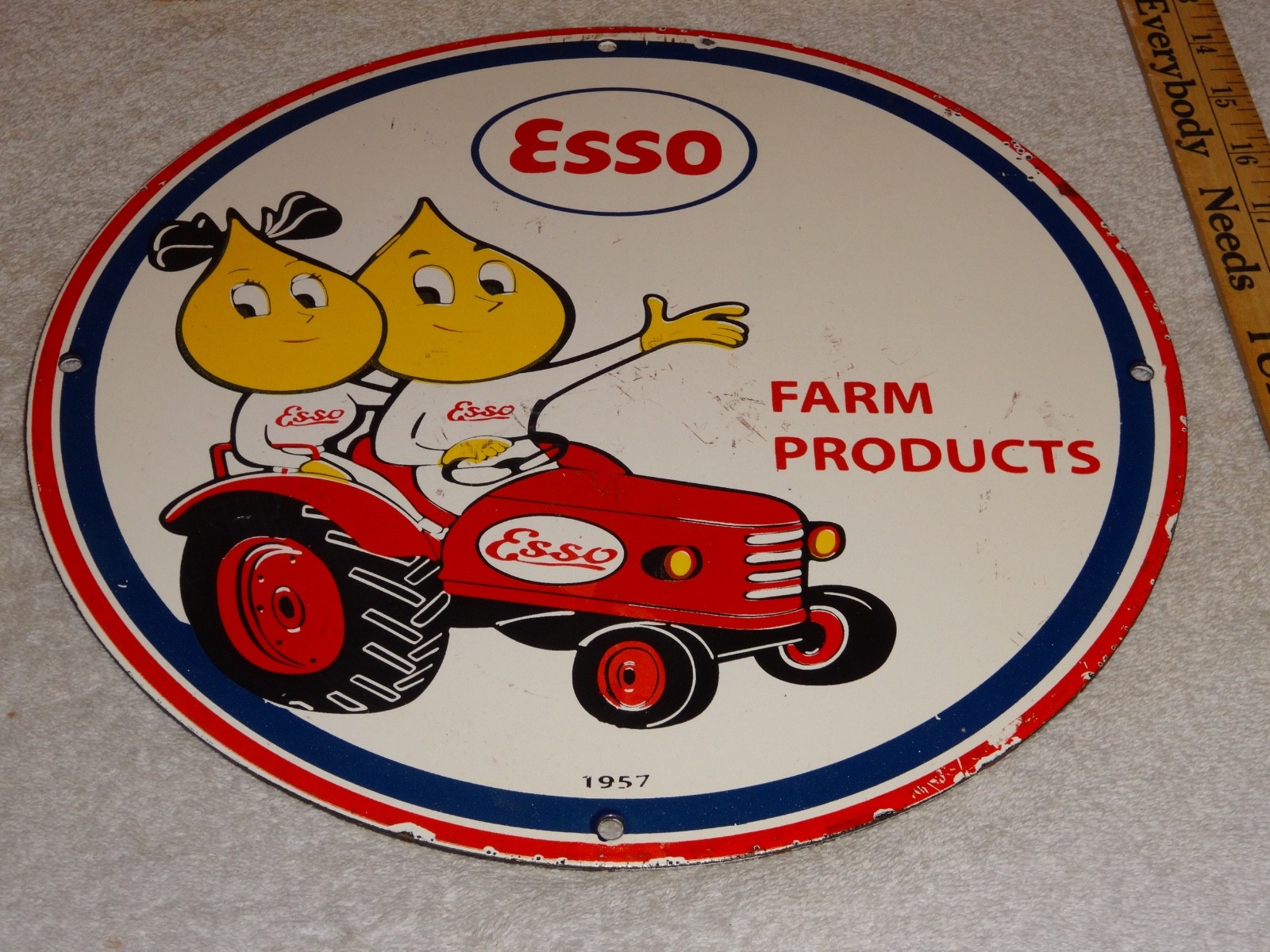 VINTAGE 1957 ESSO FARM OIL DROP BOY GIRL 11 3/4" PORCELAIN TRACTOR GASOLINE SIGN