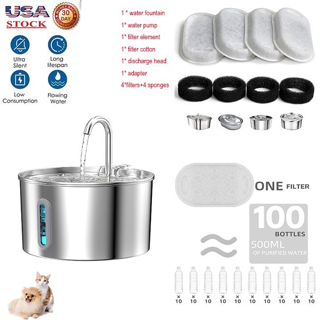 Stainless Steel Cat Water Fountain 3.2L Pet Drinking Fountain Dispenser for Cats