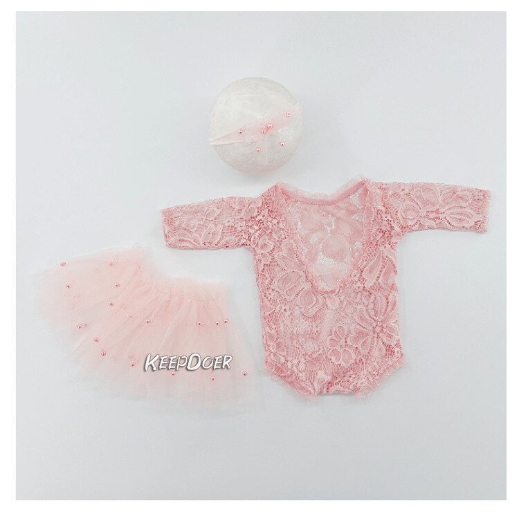 Newborn Baby Girl Lace Pearl Dress Skirt Headband Photography Props Photo Shoot