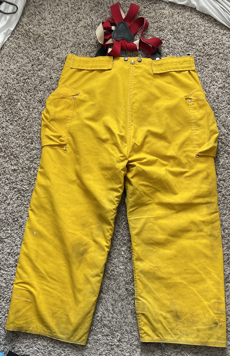 Vintage 70s Janesville Firemaster Lined NOMEX Yellow Suspender Pants Large VTG