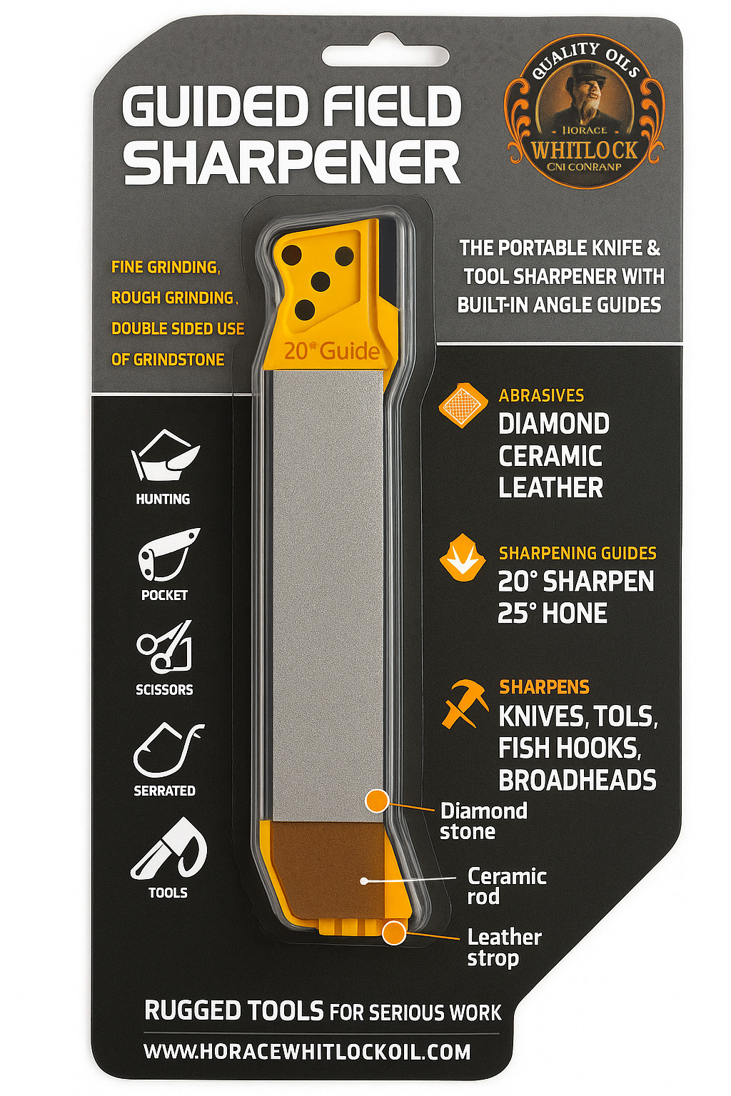 Survival Knife Sharpener 6-in-1 | Angle Guides + Diamond, Ceramic, Leather