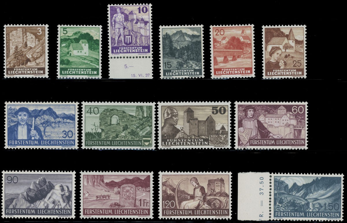 1937-38, LIECHTENSTEIN, SCENES AND HISTORICAL PLACES, 3RP-1.50FR, NH, SC.#137-50