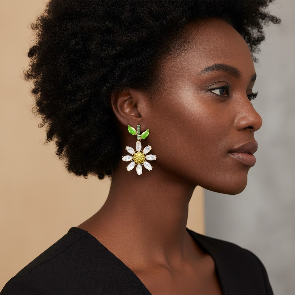 Betsey Johnson Earrings Gold Tone Crystal Daisy Drop Floral Leverback