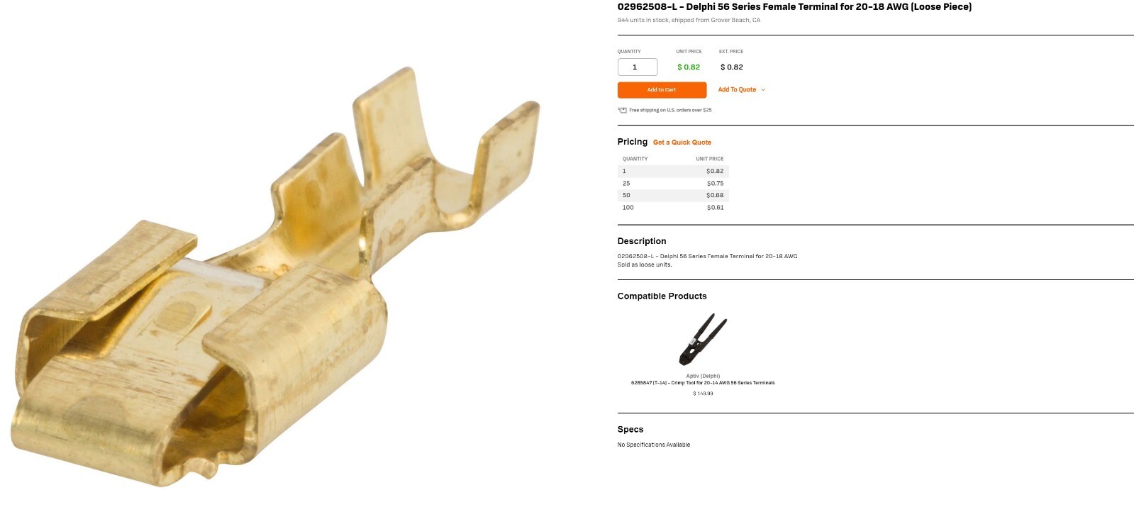 Delphi Packard 02962508 Gm 56 Series Female Terminal 20-18 AWG (Pkg Of 25)