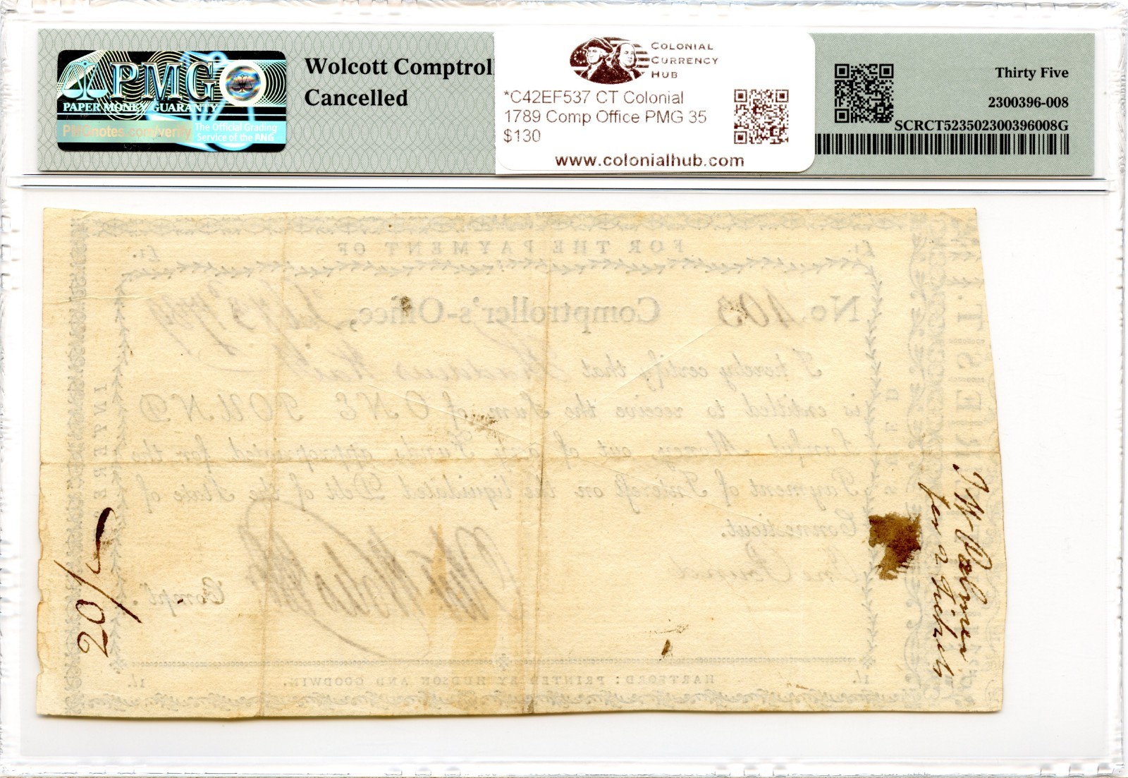 Connecticut Colonial Interest Certificate 1789 1 Pound PMG VF-35