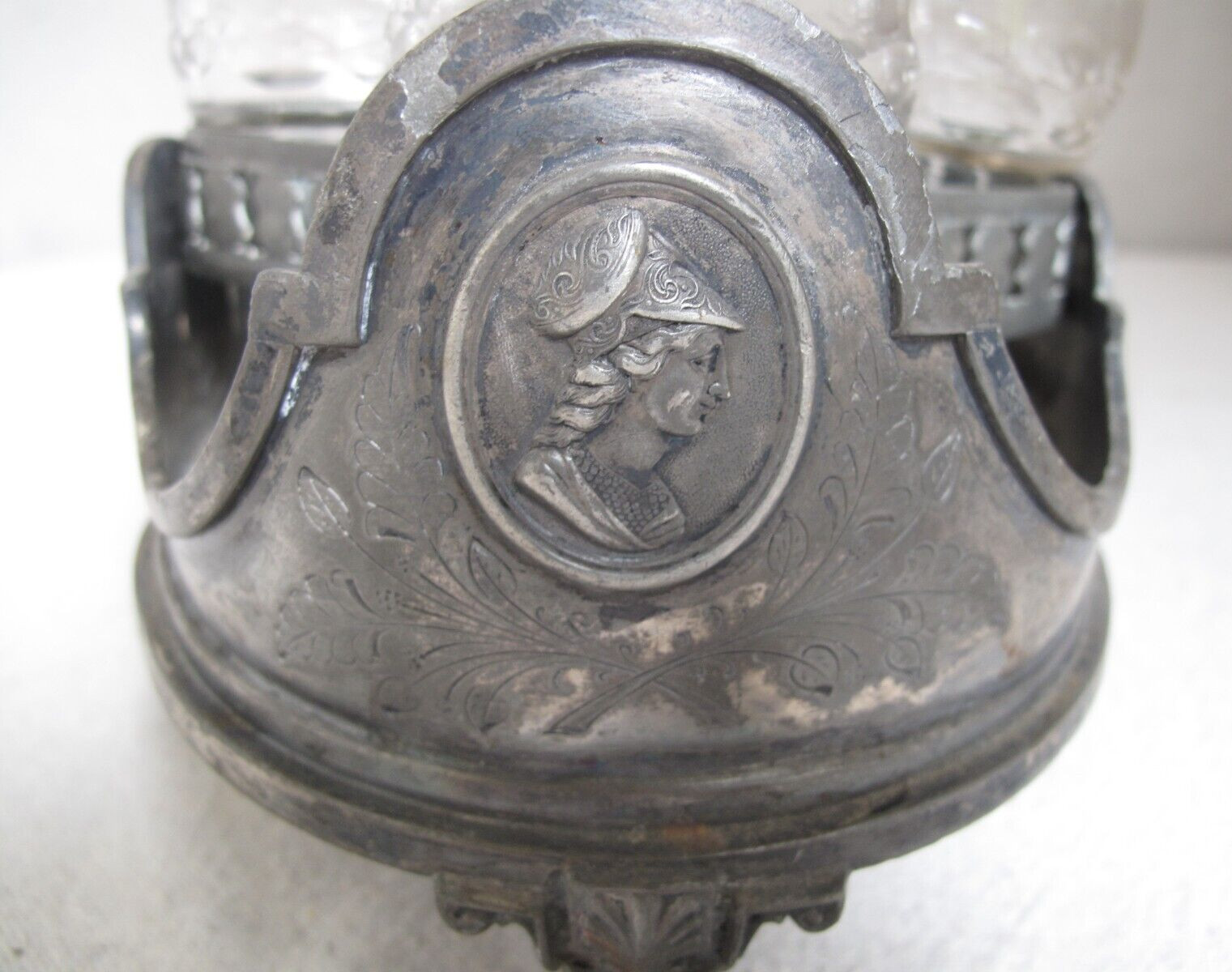 Antique SP Reed & Barton Cruet Castor Set Bell 4 Cut Glass Etched Bottles