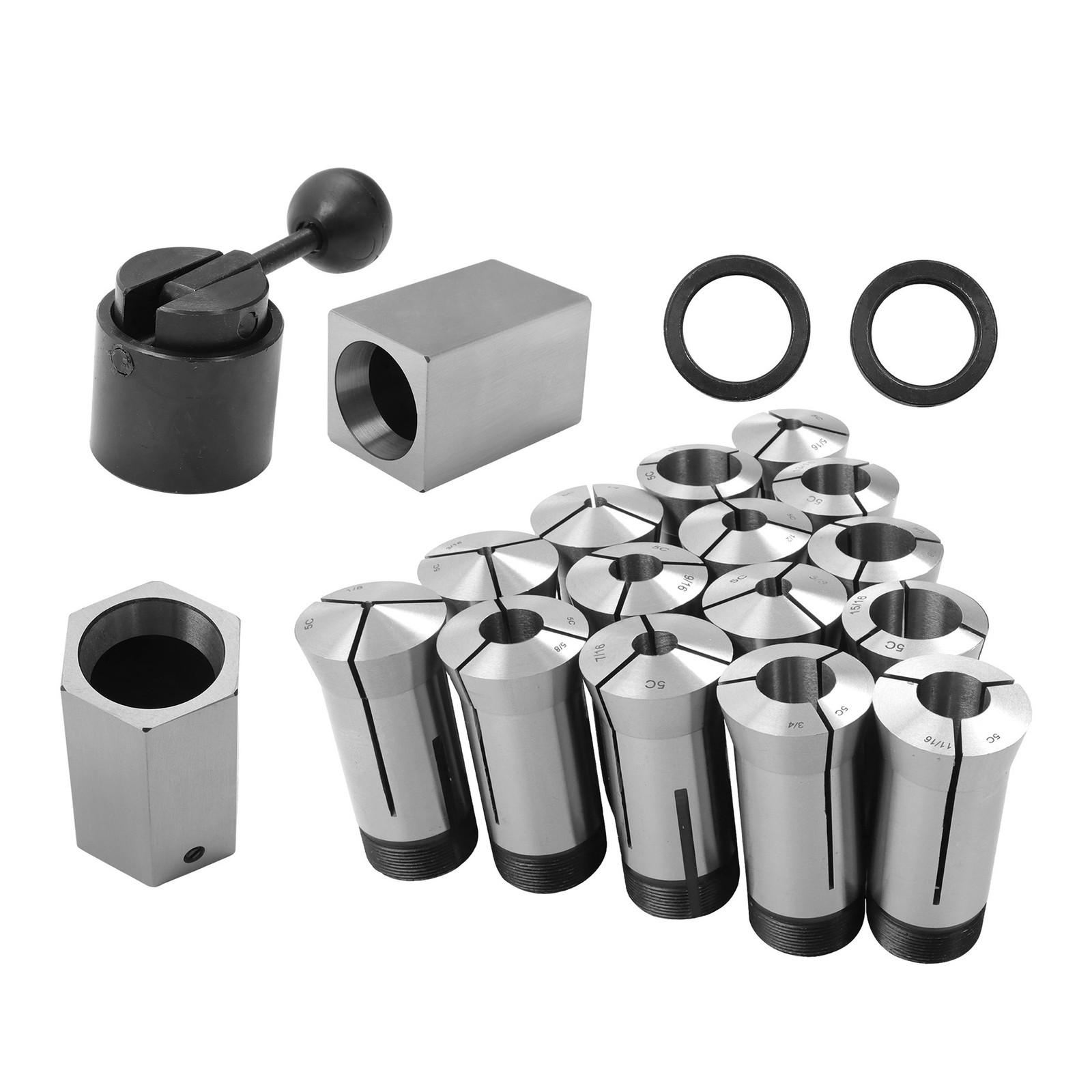 15 × 5C Fractional 1/8 - 1" Precision Collet Set & 5 Pcs Collet Block Set