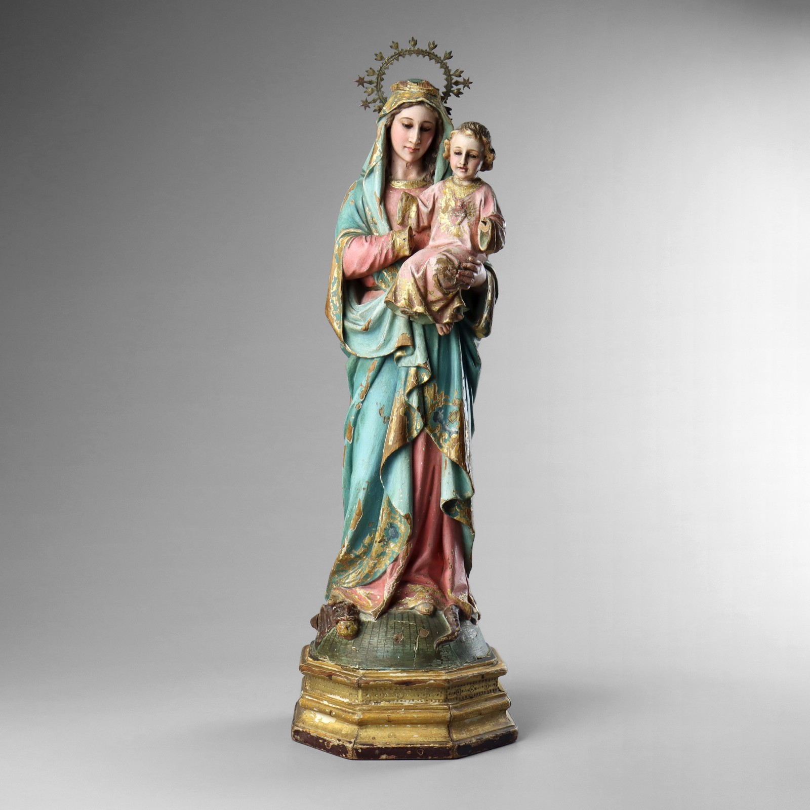 Antique 19th Century Carved Wood Polychrome Virgin Mary Madonna & Child Statue