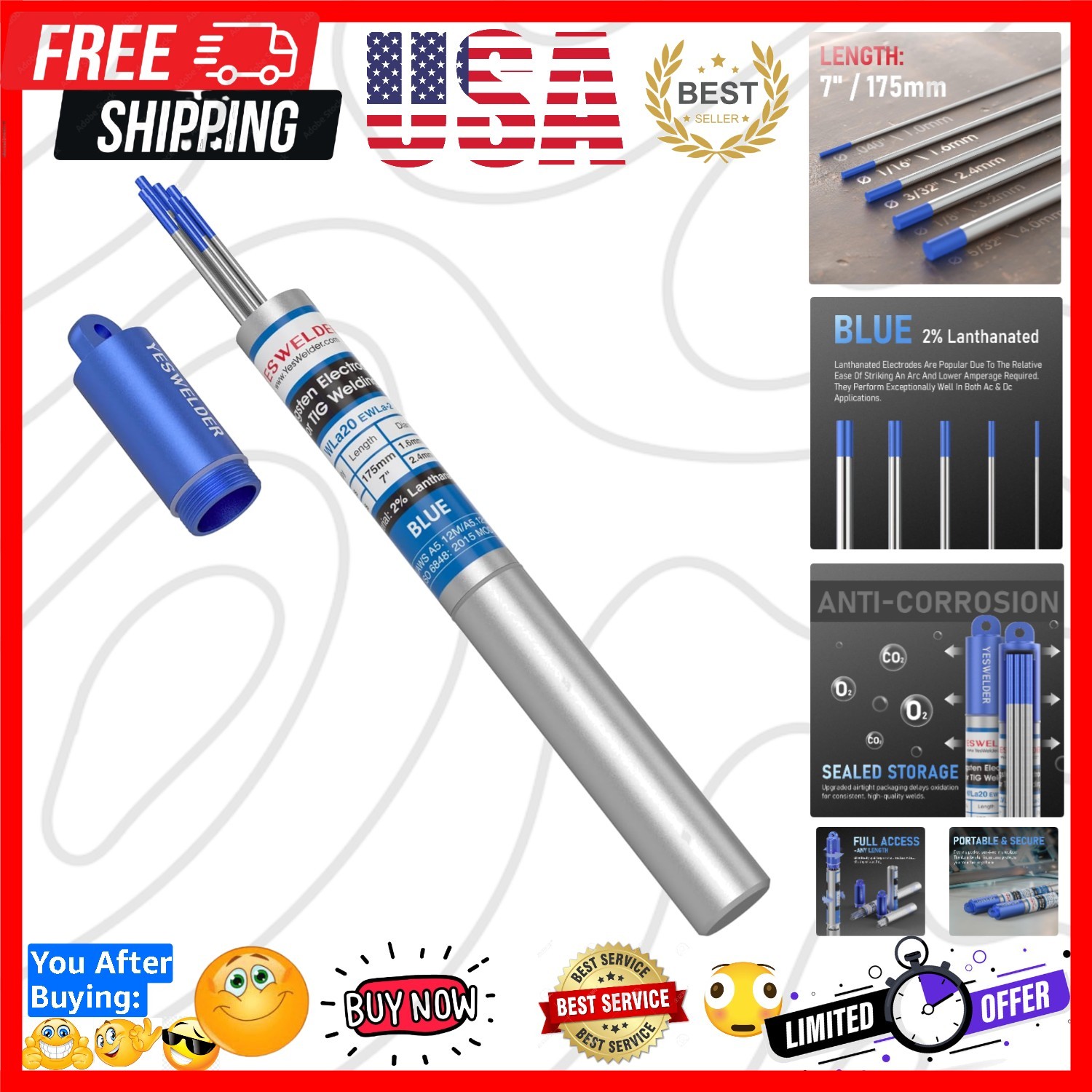 TIG Welding Tungsten Electrode 2% Lanthanated 5pk 1/16" & 5pk 3/32" by 7" Ass...