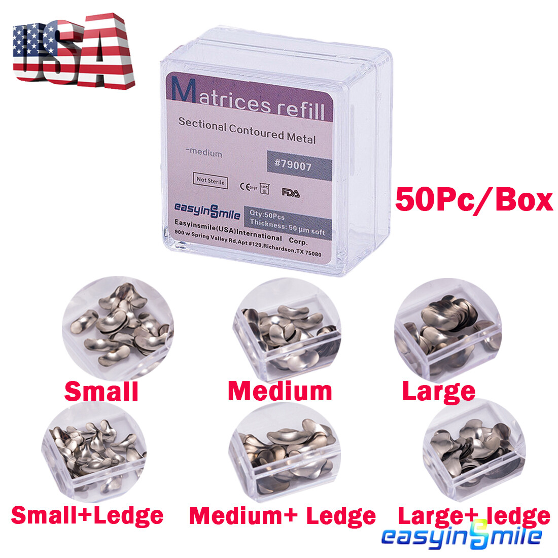 50Pcs Dental Matrices Bands Sectional Contoured Metal Matrix bands soft S/M/L US