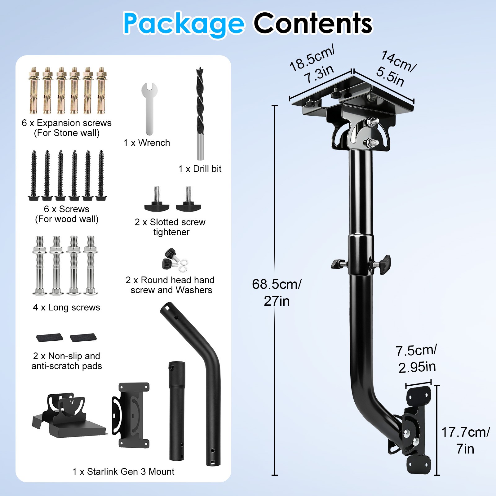 Starlink Gen 3 Mount 180° Adjustable Wall/Roof Mounting Standard Gen 3 Pipe Kit