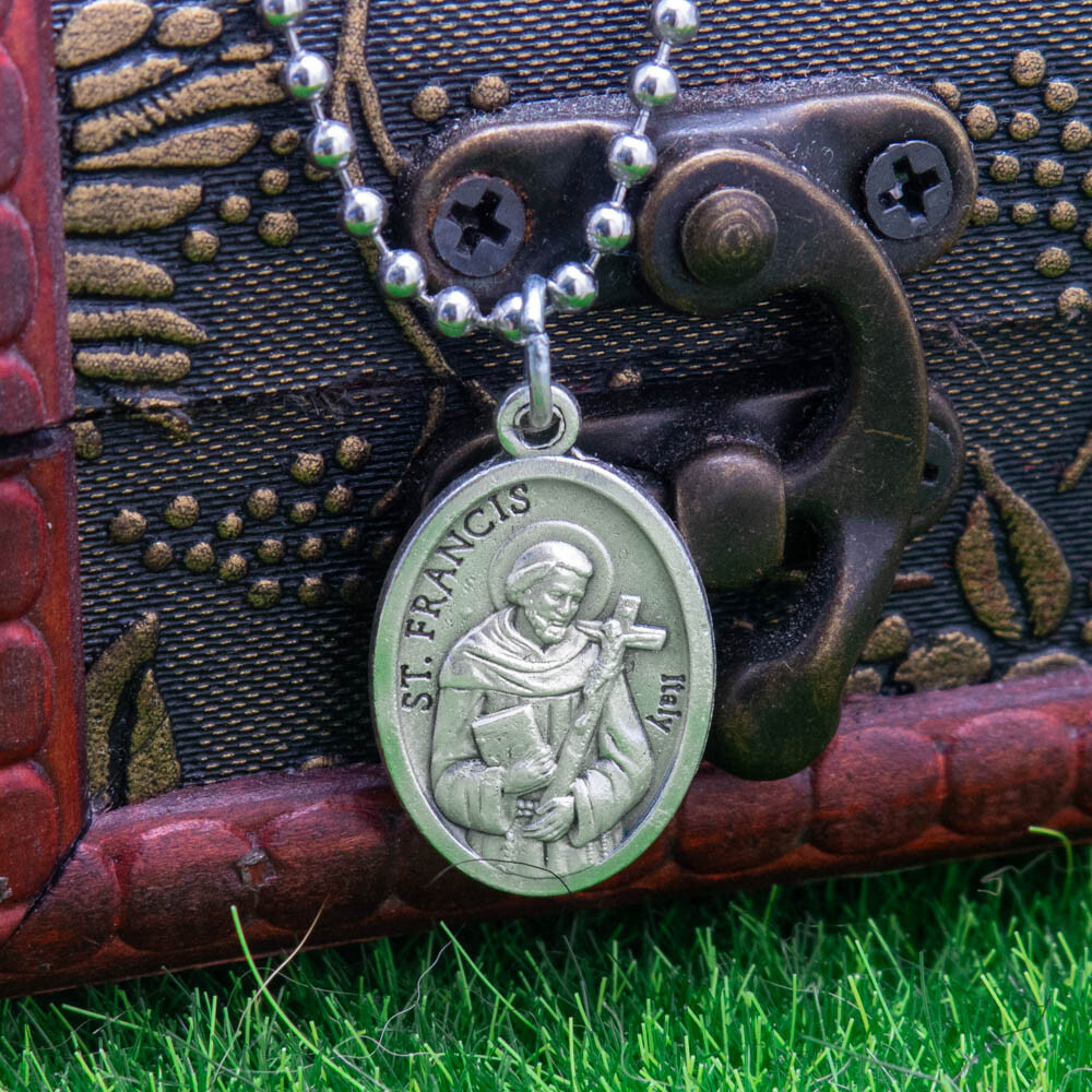 Saint St Francis Of Assisi Pray For Us 1" Medal Pendant Necklace 24" Chain Italy