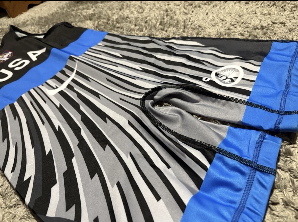 Oklahoma state, Nike USA Wrestling Singlet Black Blue Orange Stripes Flag USA