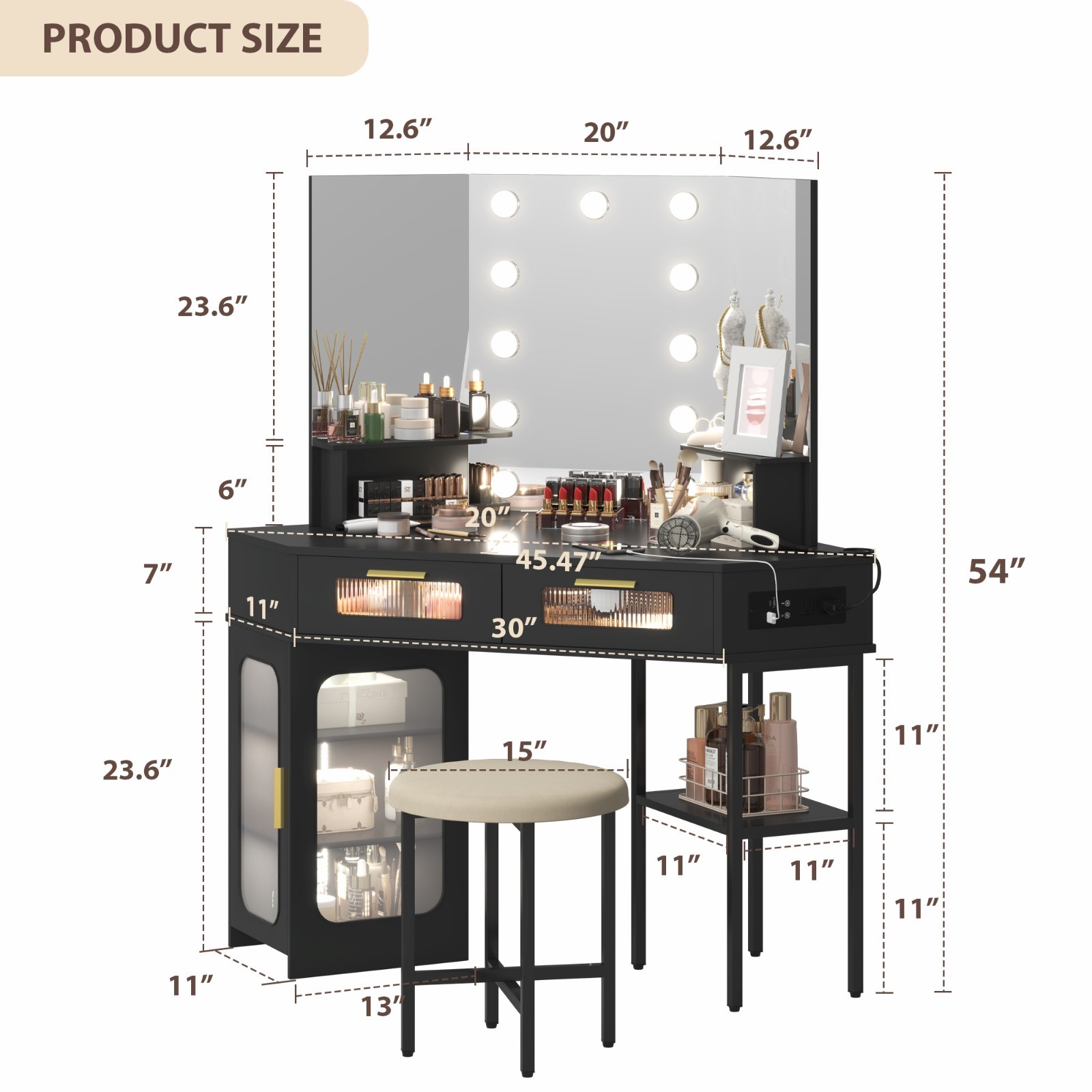 Corner Vanity Desk with Mirror and Lights, Makeup Table with Charging Station