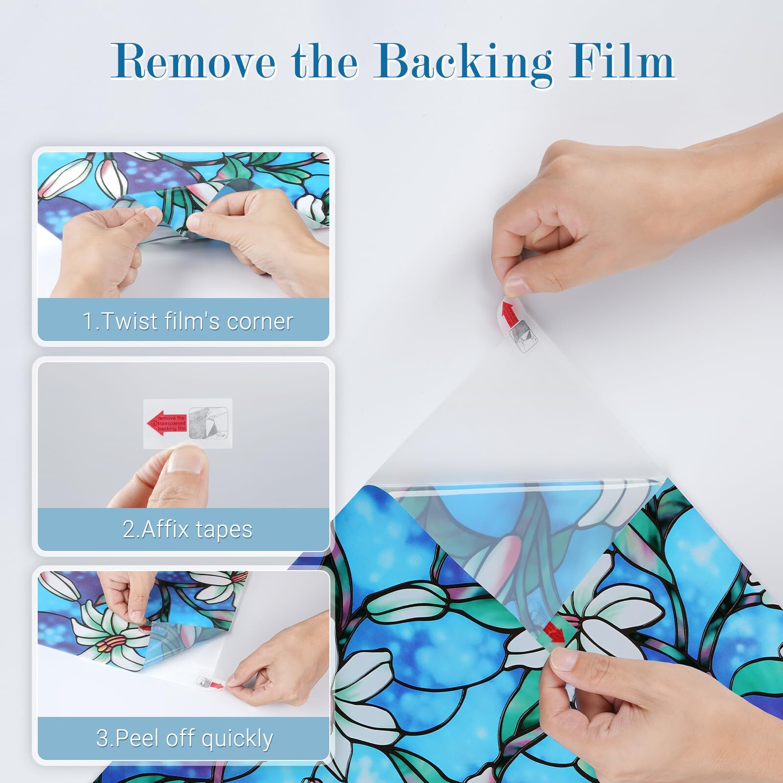 rabbitgoo Stained Glass Window Film Static Cling Blue Lily Decorative Film Door