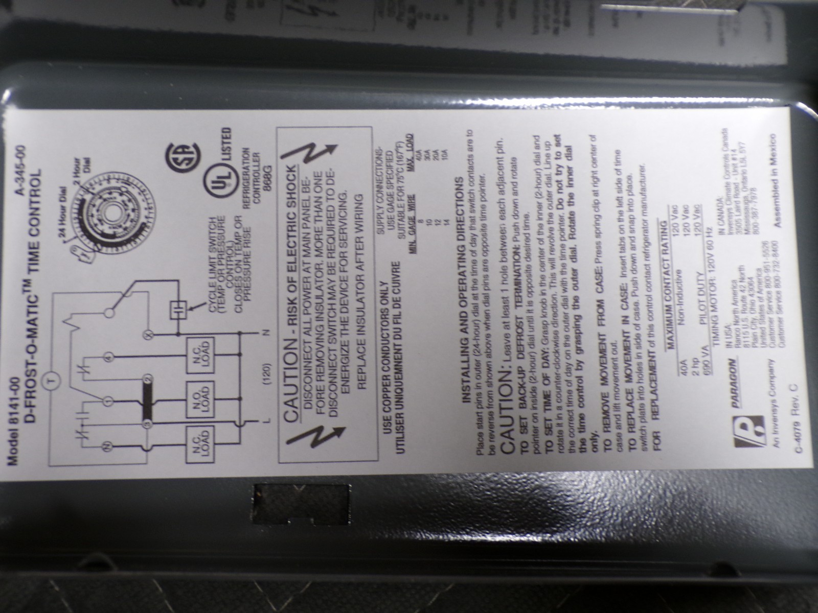 Paragon #8141-00 120 Volt Defrost Timer *NOS*