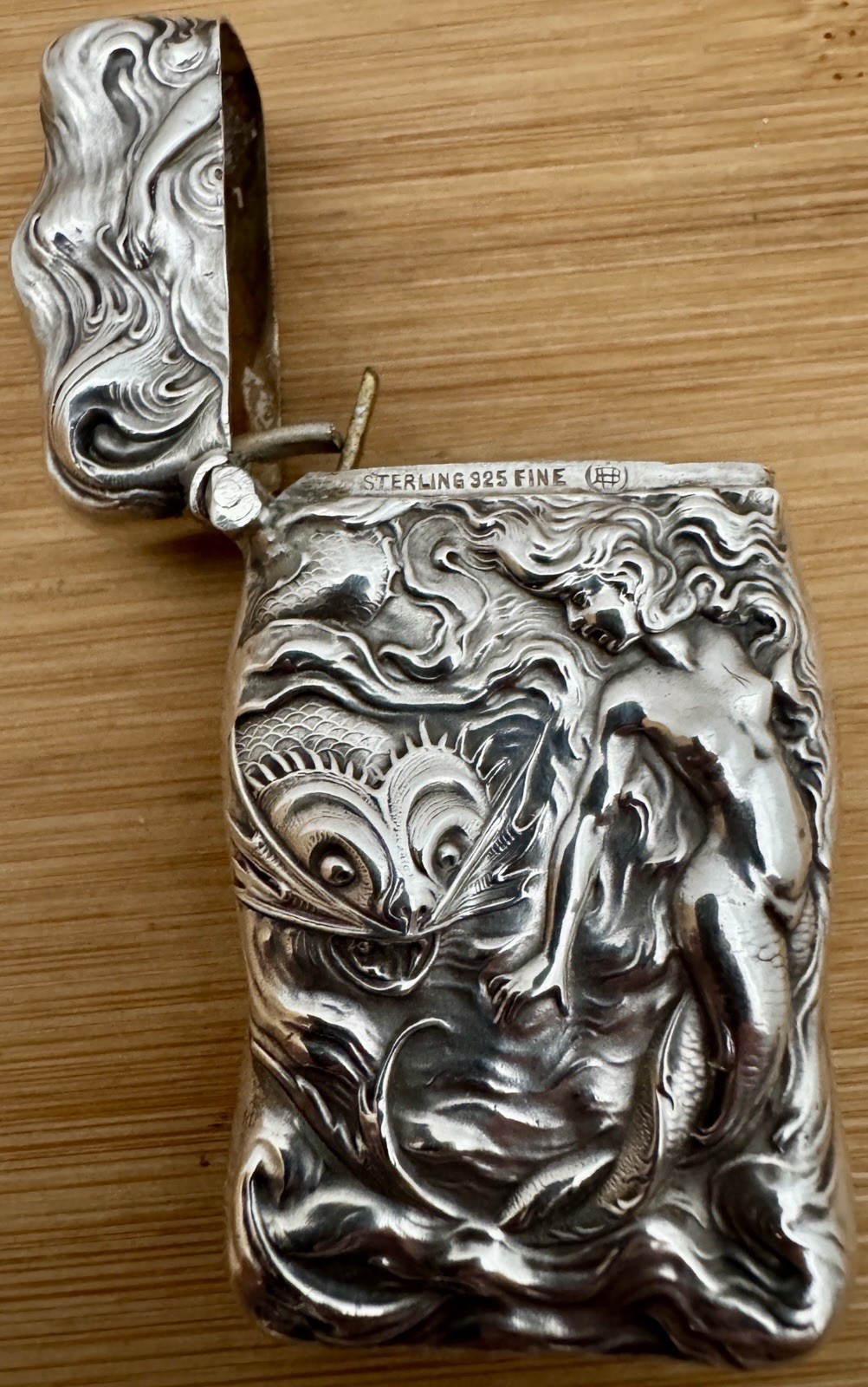 VERY RARE UNGER BROTHERS STERLING MERMAID AND CATFISH MATCH SAFE VESTA C. 1905