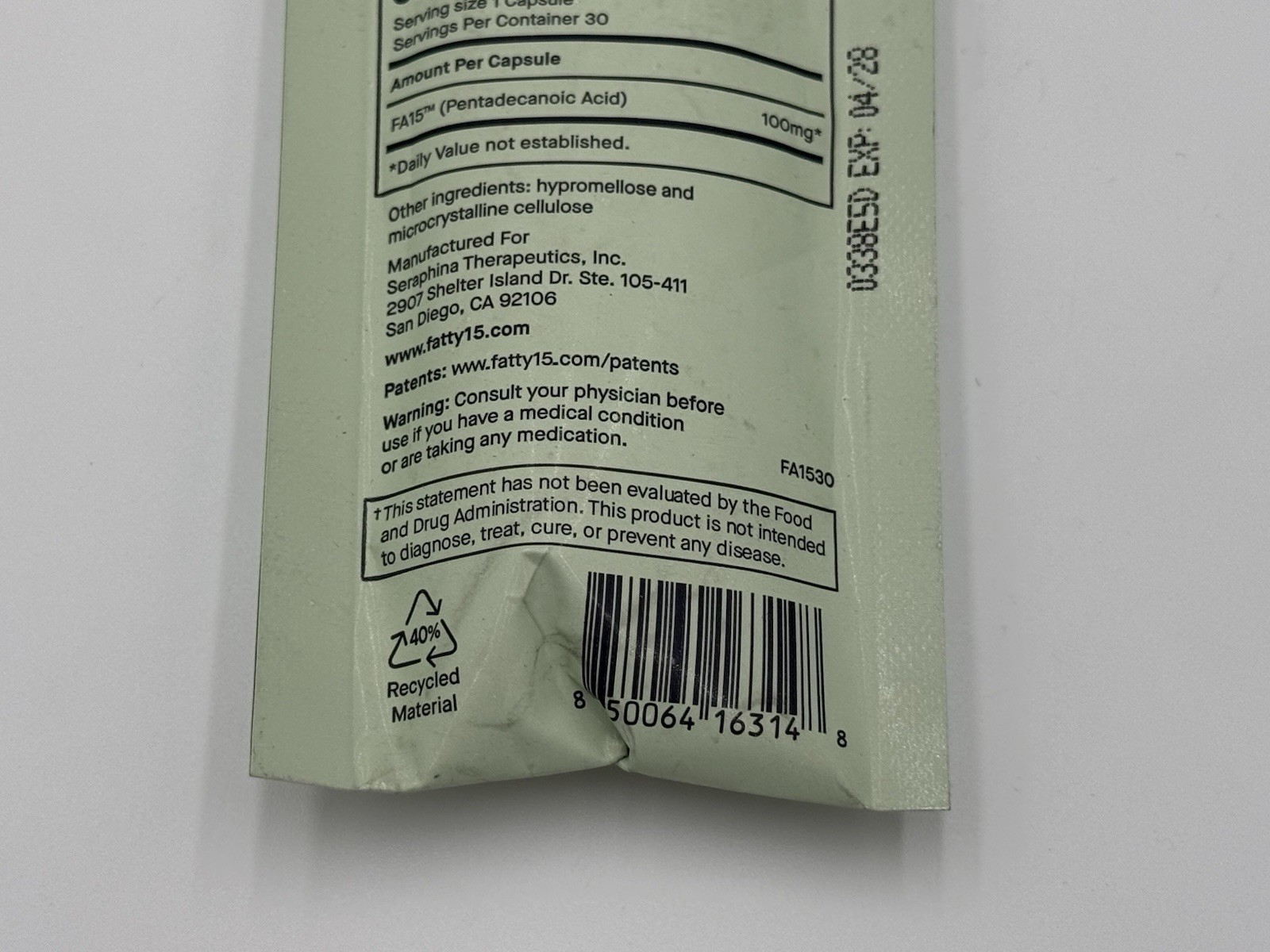 Fatty15 Pure C15:0 Pentadecanoic Acid Supplement - Gut & Liver Health - 30 CT