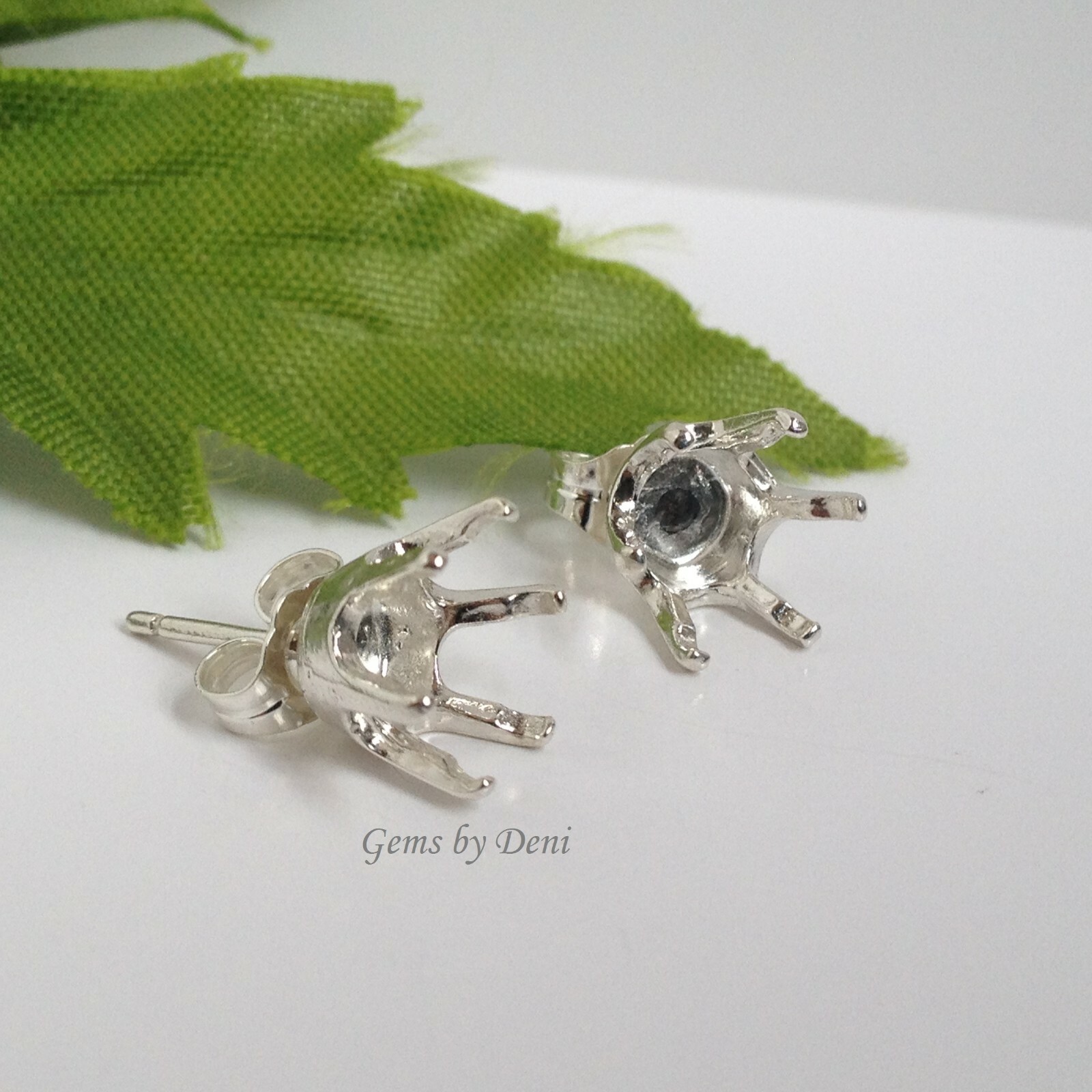 Two Round 6-Prong Solid Sterling Silver Pre-Notched Earring Settings (3mm-8mm)