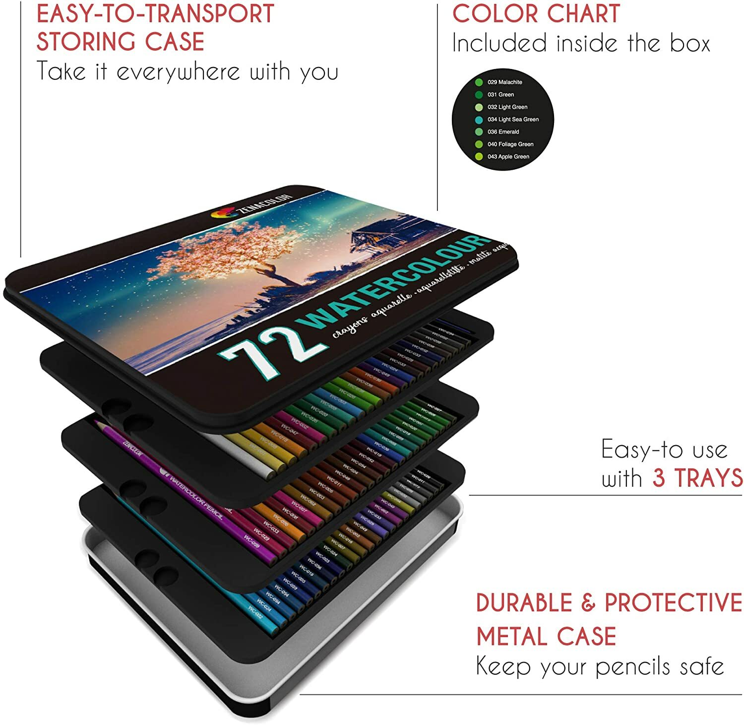 Zenacolor 72 Watercolor Pencils Professional Set, w/Brush & Metal Box