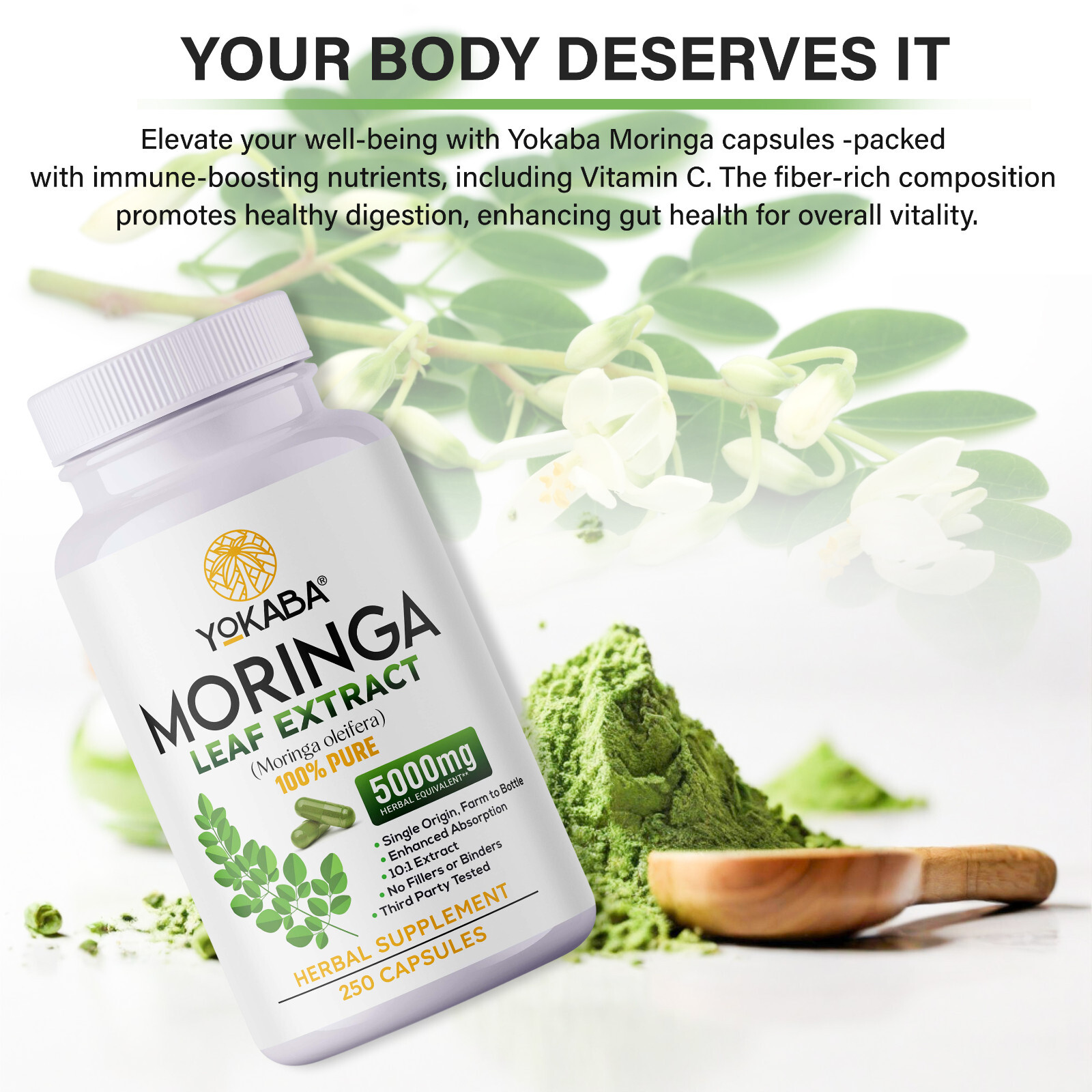 250 Capsules Moringa Oleifera Leaf Powder 5000mg - Organic Herbal Extract YOKABA