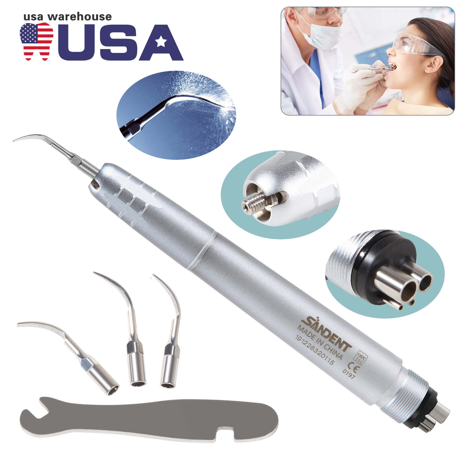 USA Dental Ultrasonic Air Perio Scaler Handpiece Hygienist 2 & 4-Holes 3 Tips CE