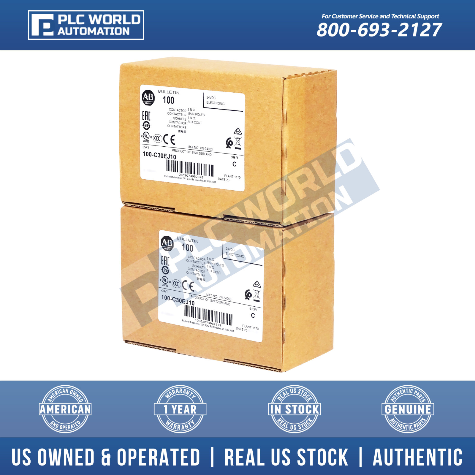 Allen Bradley 100-C30EJ10 Ser C IEC Standard Contactor, 24 VDC, 3-Pole, 30A, New