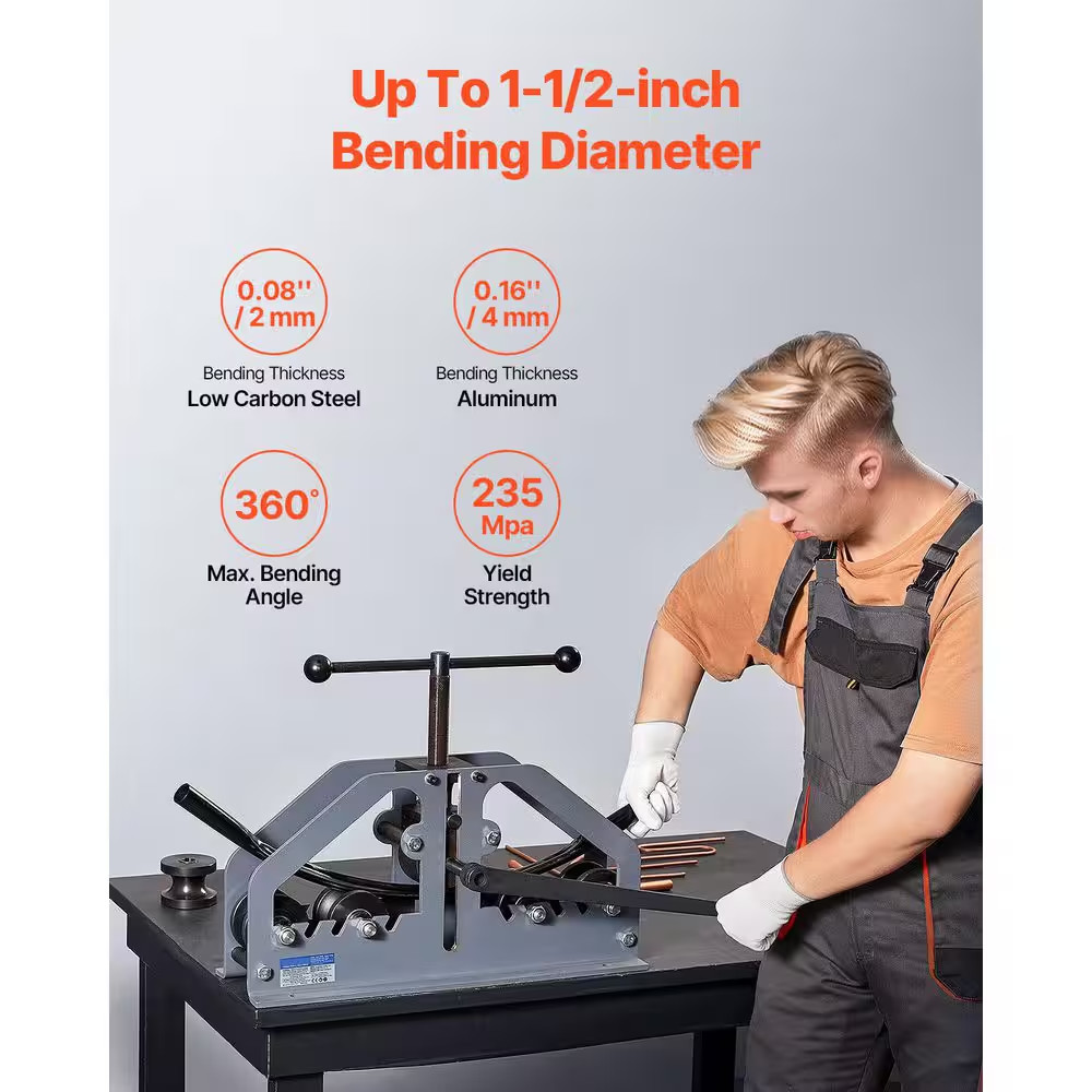 Max 1-1/2 In. 360° Pipe Bender Manual Tube Roller Bender with 6 Dies, 360° Bendi