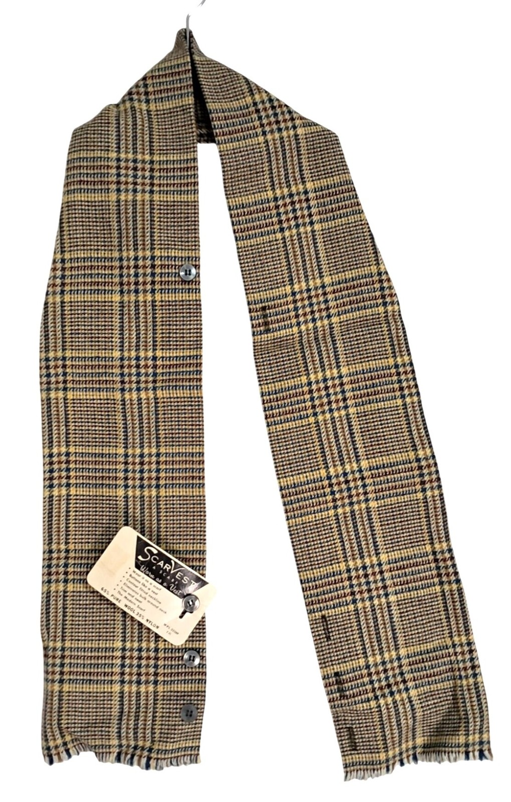 Vintage Scarvest Wool Nylon Plaid Scarf Vest Convertible Accessory Multi Button