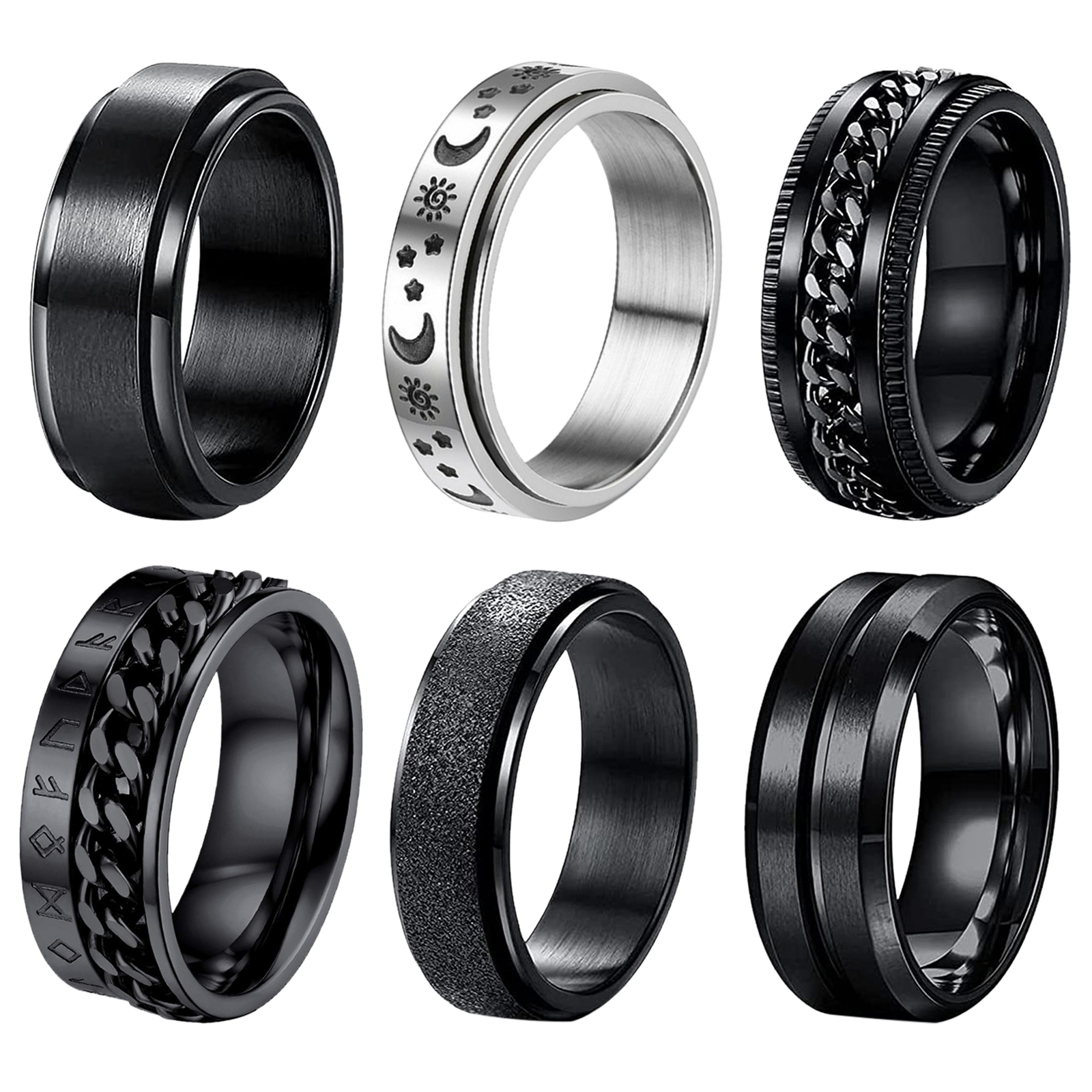 6pcs Men Anti-Anxiety Spinner Fidget Ring Band Set Stress Relief Stainless Steel