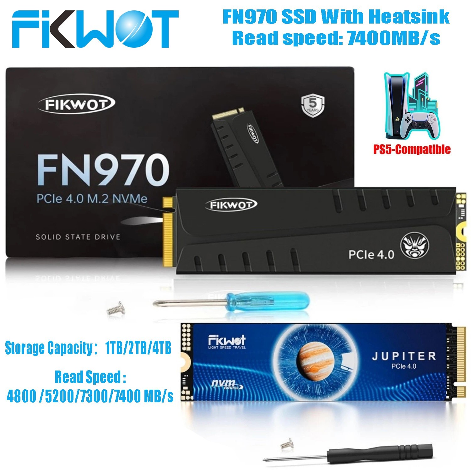 Fikwot M.2 2280 NVMe SSD 1TB 2TB 4TB PCIe 4.0 PS5 SSD Hard Drive For PC PS5 Lot