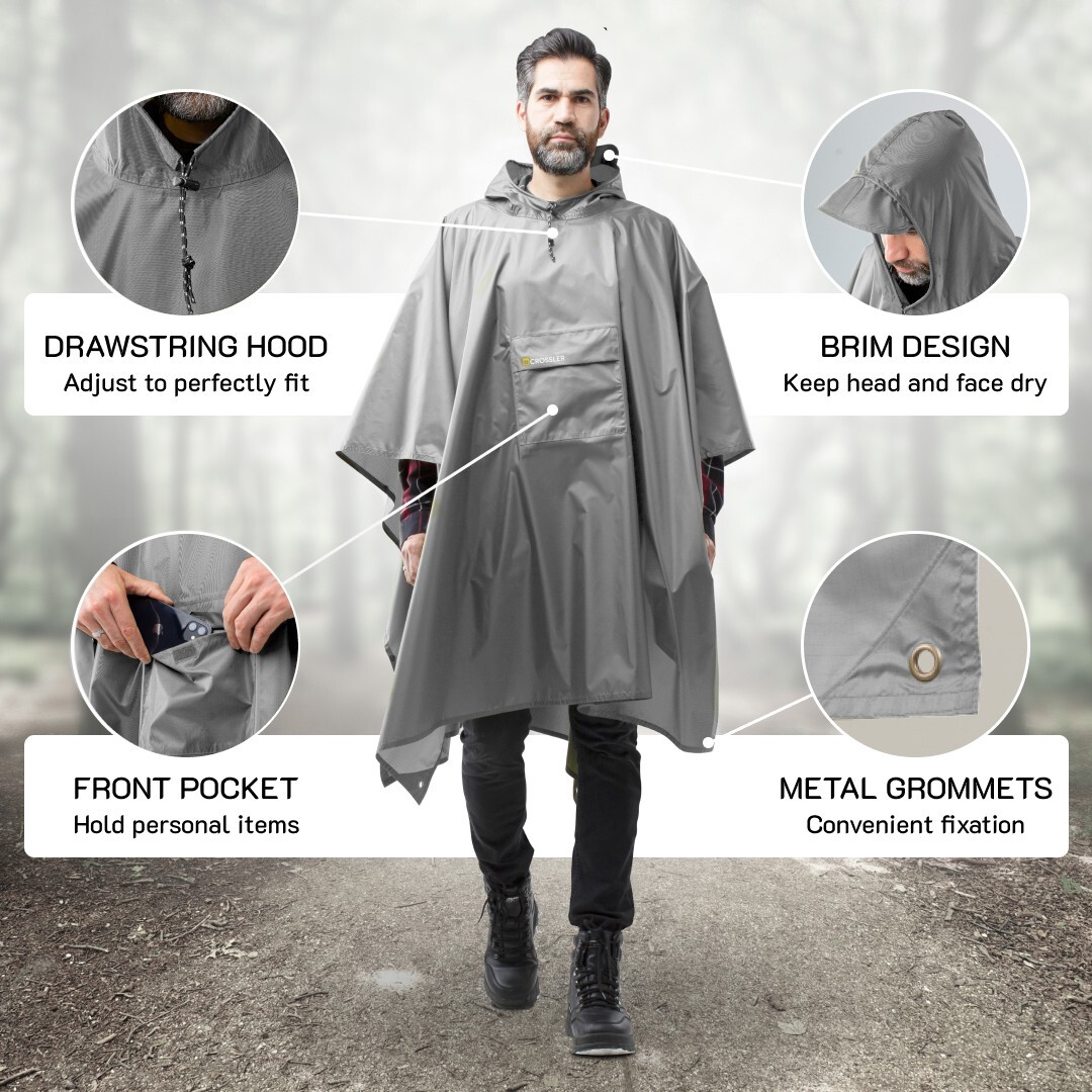 CROSSLER Hooded Rain Poncho with Pocket, for Men Women Adult, 3-in-1 Waterproof